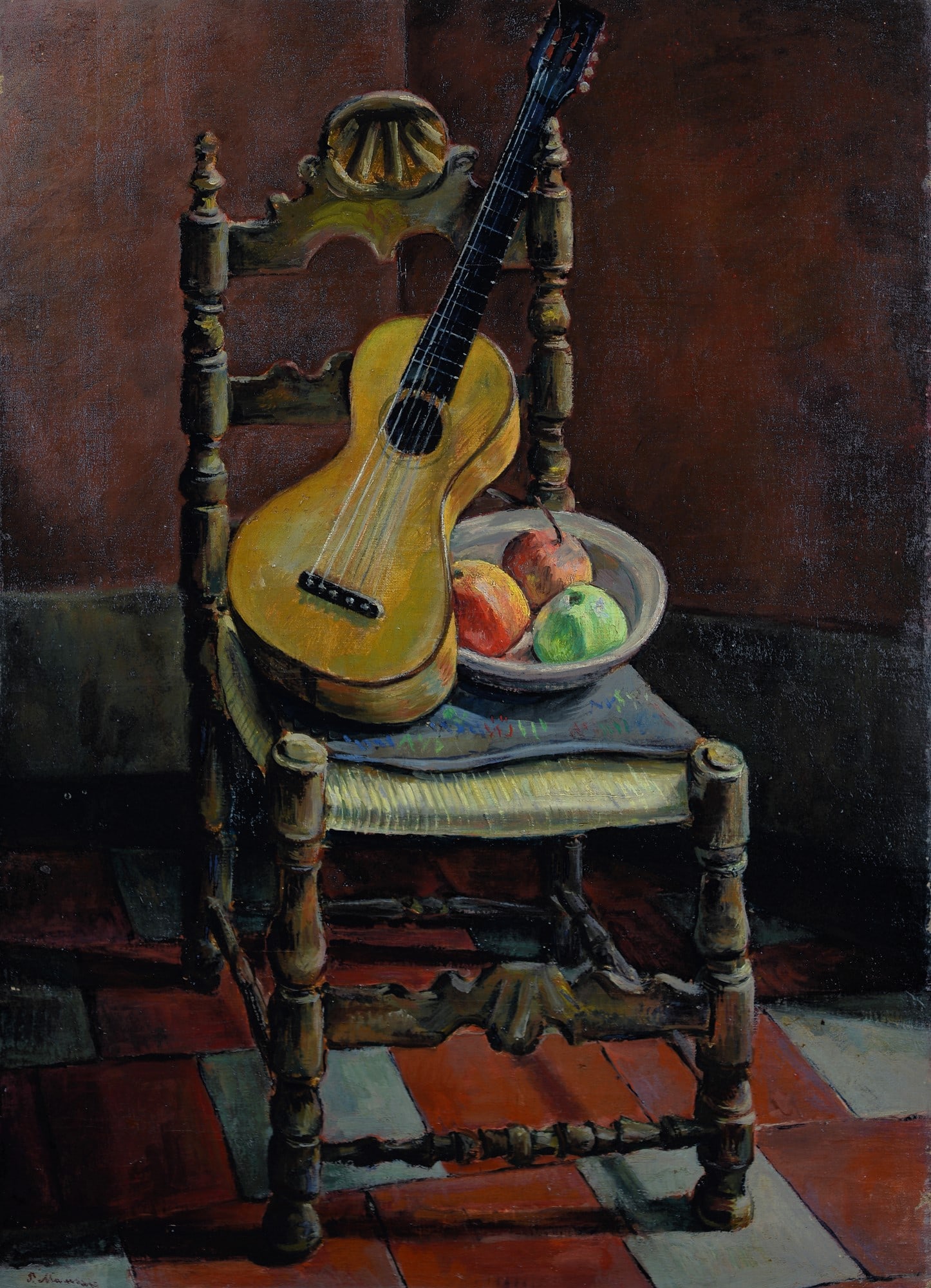 Piero Marussig (Trieste, 1879 - Pavia, 1937) - Natura morta con chitarra (fronte) - Ritratto di: Olio su tela, cm. 91x65. Firma in basso a sinistra. Bibliografia: 2015, Piero Marussig, A. Tiddia, Edizione Fondazione CRTrieste, p. 211, n. 46A.