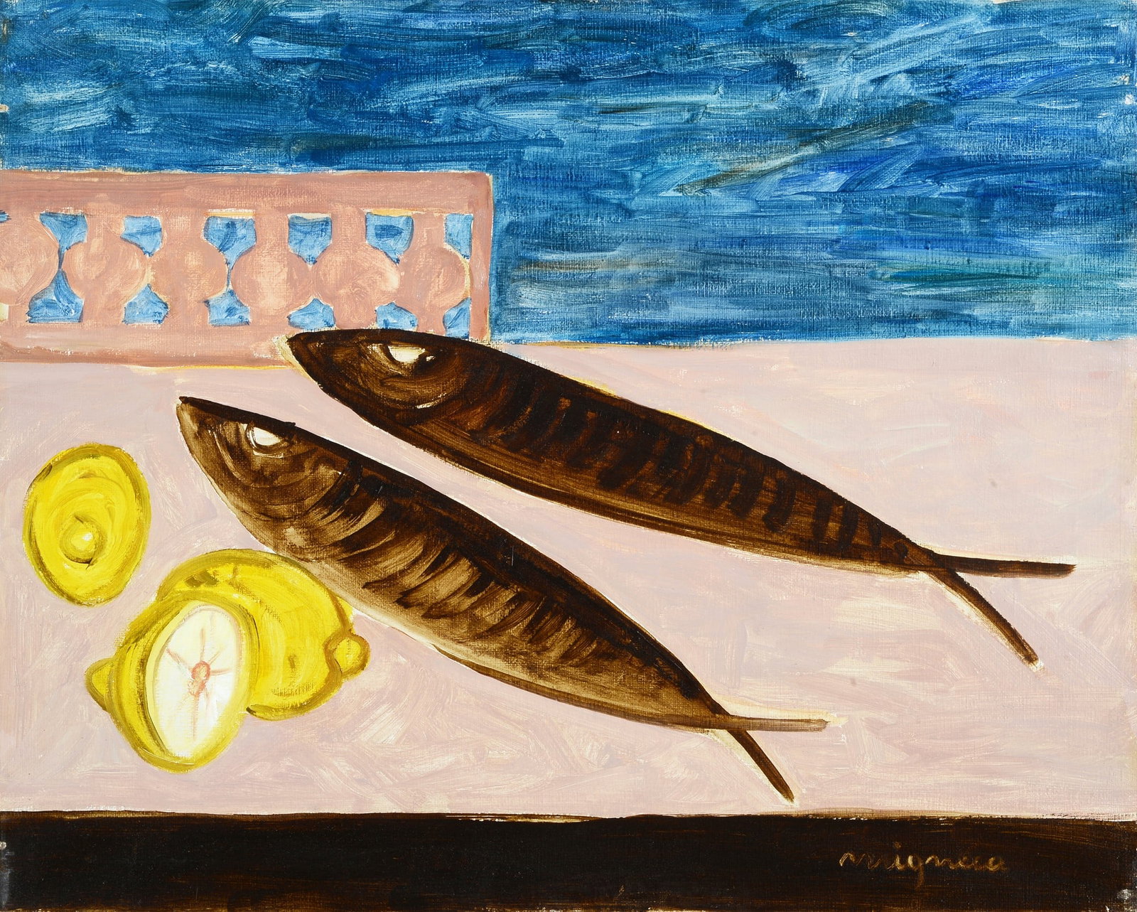 Giuseppe Migneco (Messina, 1908 - Milano, 1997) - Senza titolo: Olio su tela, cm. 40x50. Firma in basso a destra. Sul verso: dichiarazione di autenticit? dell'autore, con data. Autentica dell'autore su foto.