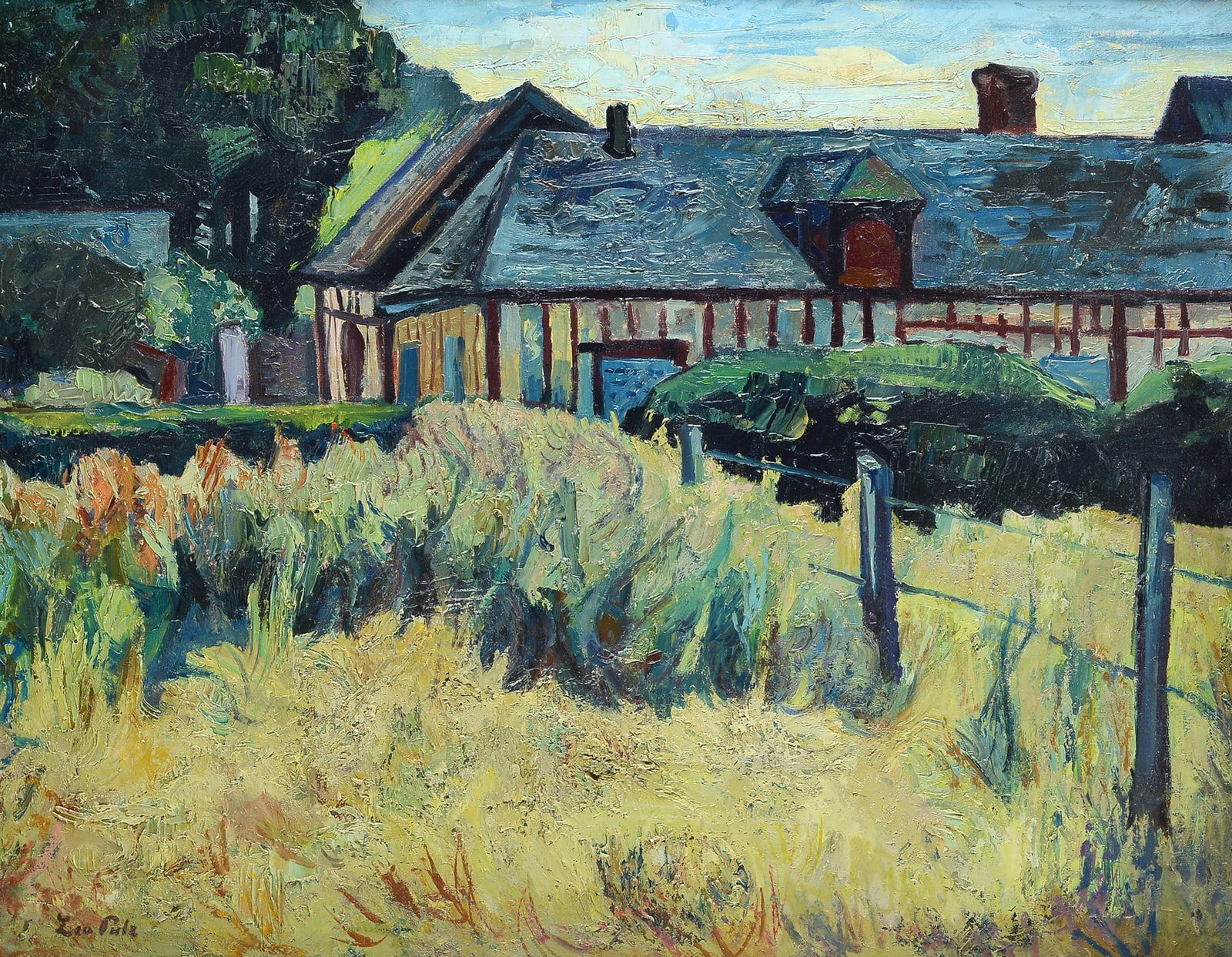 Attr. a Leo Putz - Paesaggio con case: Olio su tela, cm. 65x81. Firma in basso a sinistra. Sul verso: sul telaio, a matita "Leo Putz Merano".