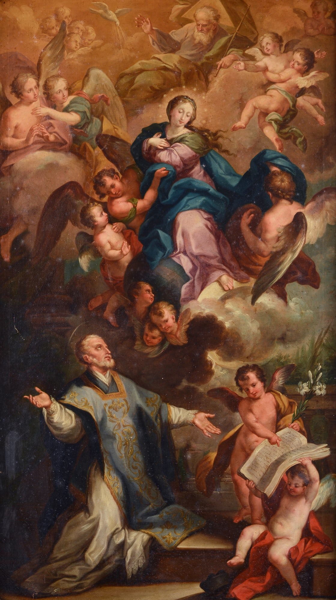 Ambito di Sebastiano Conca - La Vergine in Gloria appare a San Filippo Neri: Olio su tela, cm. 129x74. L'opera riproduce la pala di medesimo soggetto realizzata da Sebastiano Conca per la Chiesa di San Filippo Neri a Torino.