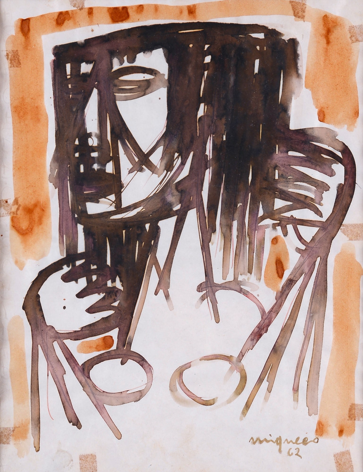 Giuseppe Migneco (Messina, 1908 - Milano, 1997) - Figura: Acquerelli su carta, cm. 26x20,5. Firma e data in basso a destra. 1962