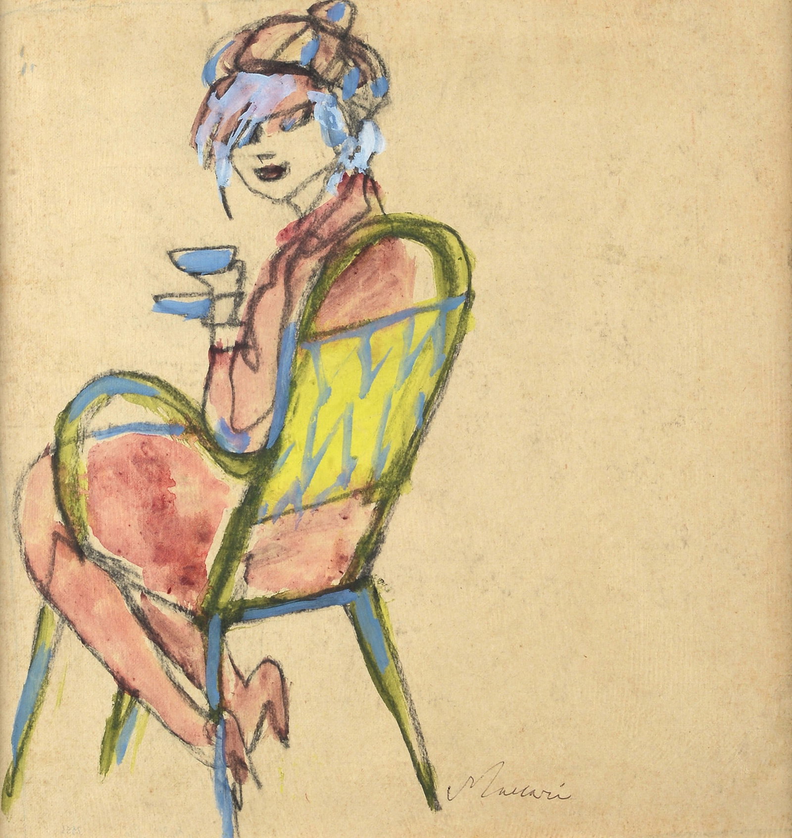 Mino Maccari (Siena, 1898 - Roma, 1989) - La tazza di caff: Acquerello su carta riportata su tela, cm. 35,5x34. 1. Firma in basso al centro. Sul verso: etichetta Libreria Antiquaria Prandi, Reggio Emilia, con dichiarazione di autenticit? e dati dell'opera.?. 1