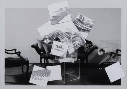Giulio Paolini (Genova, 1940) - Studio per sala d'attesa (Matita su carta): Collage su stampa digitale, cm. 34x46,5. Autentica dell'autore su foto. L'opera ? registrata presso gli archivi della Fonazione Paolini con n. GPC-1336.Bibliografia. 2012, L'Autore che credeva di esis