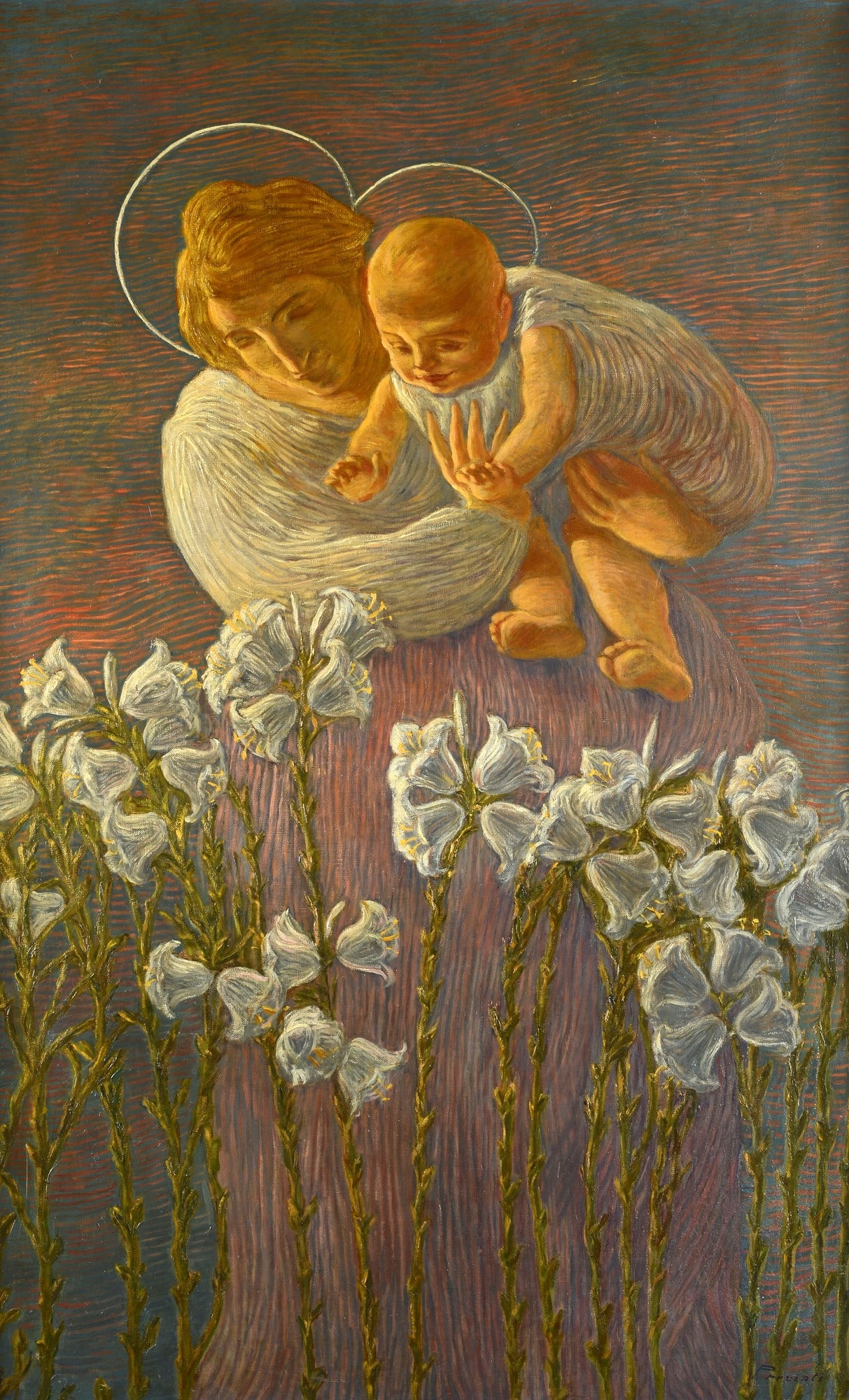 Gaetano Previati (Ferrara, 1852 - 1920) - Madonna dei gigli (Il mattino della vita): Olio su tela, cm. 123x76. Firma in basso a destra. Sul verso: dichiarazione di autenticit? di Carlo Fornara, in data 11 marzo 1925; etichetta Galleria Annunciata, Milano, con dati dell'opera; cartigli