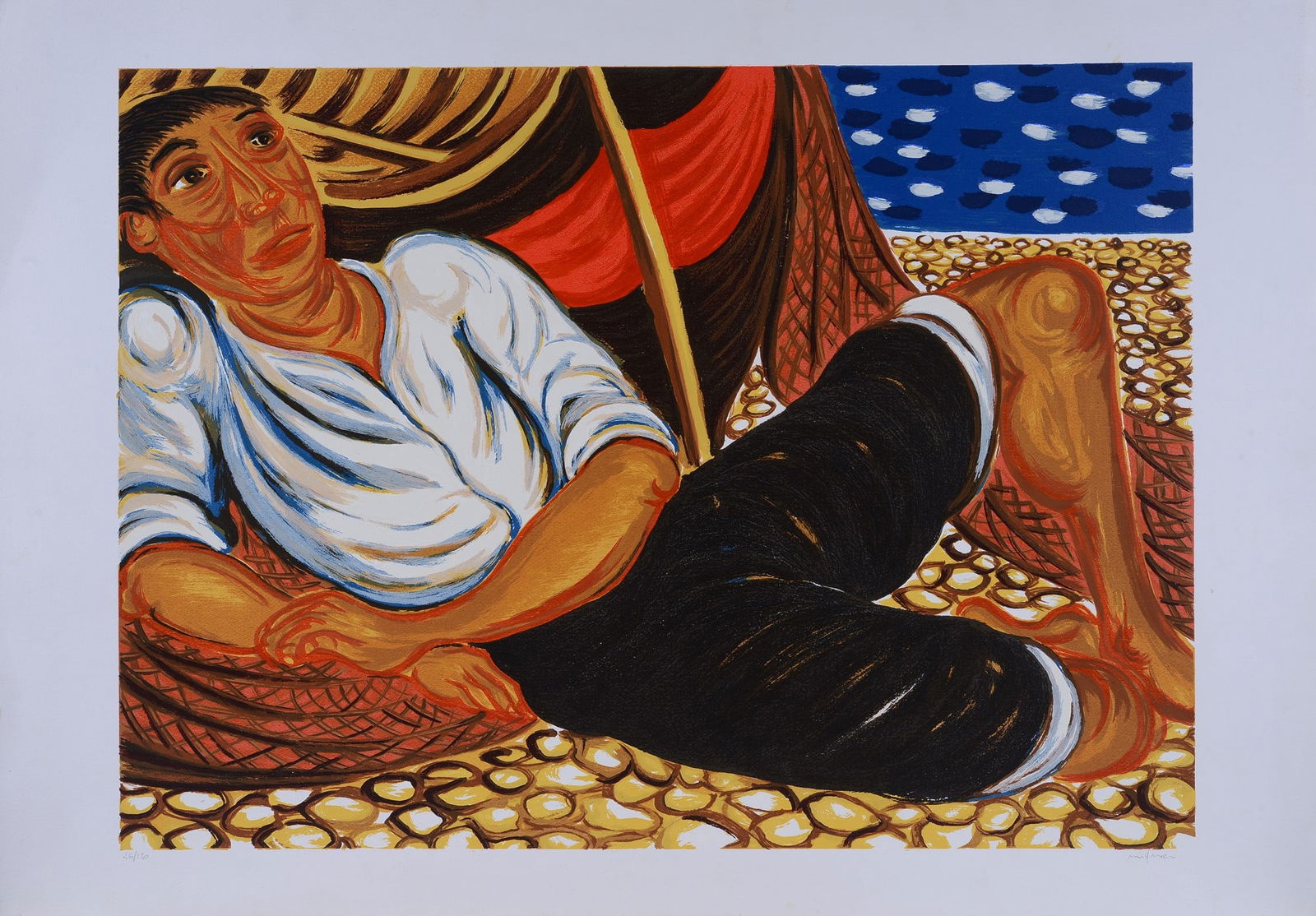 Giuseppe Migneco (Messina, 1908 - Milano, 1997) - Pescatore: Litografia, mm. 700x1000 (foglio); es. 46/120. Firma in basso a destra; tiratura in basso a sinistra.