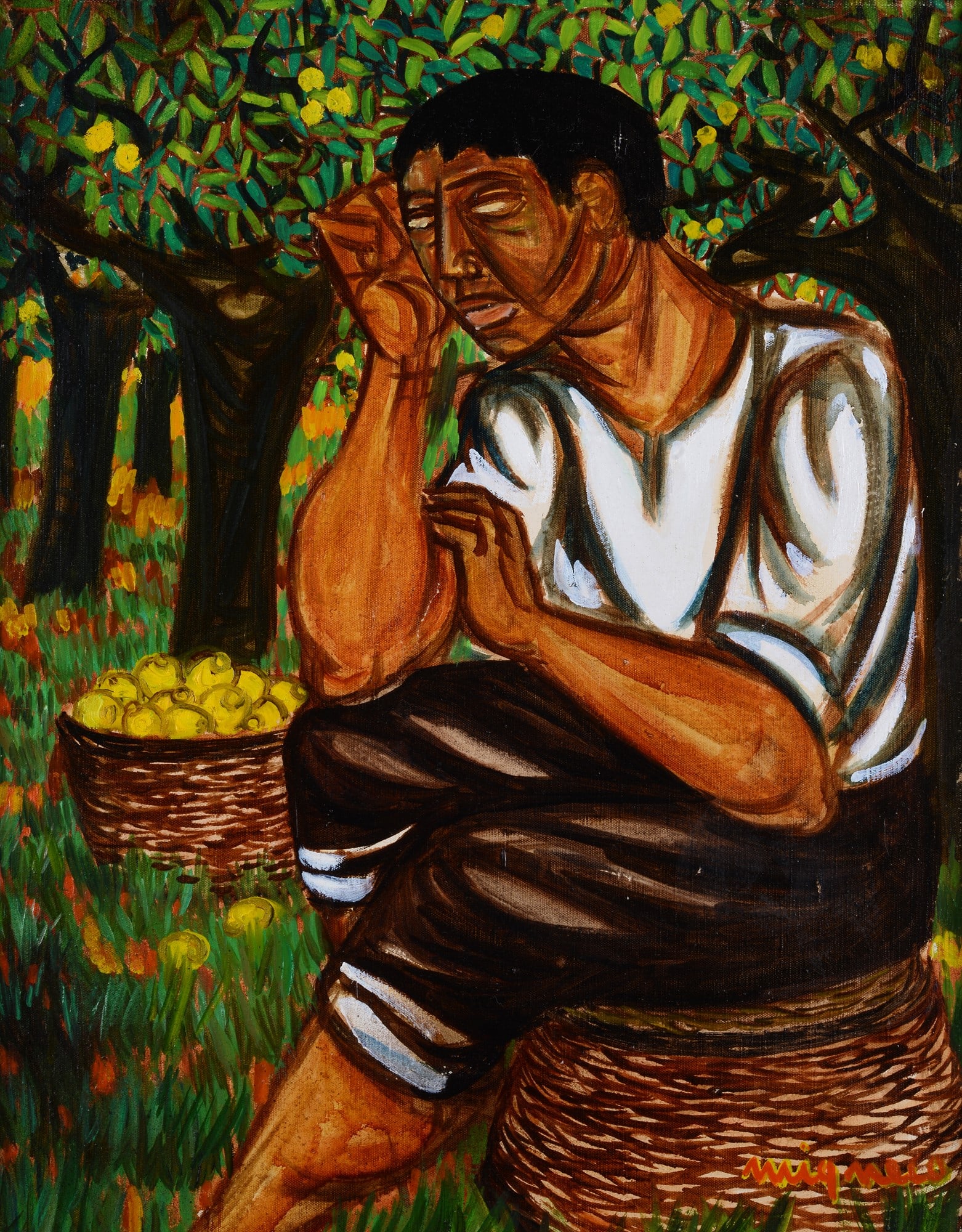Giuseppe Migneco (Messina, 1908 - Milano, 1997) - Limonai, 1959: Olio su tela, cm. 50x40. Firma in basso a destra. Sul verso: firma, data e titolo; etichetta e timbri Galleria Michaud, Firenze, con dati dell'opera.
