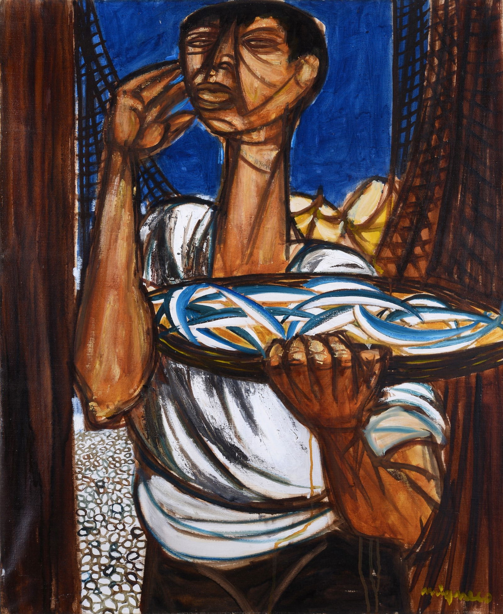 Giuseppe Migneco (Messina, 1908 - Milano, 1997) - Pescatore (Venditore di pesci): Olio su tela, cm. 73x60. Firma in basso a destra. Sul verso: firma e titolo; etichetta e timbri Galleria Michaud, Firenze, con dati dell'opera.