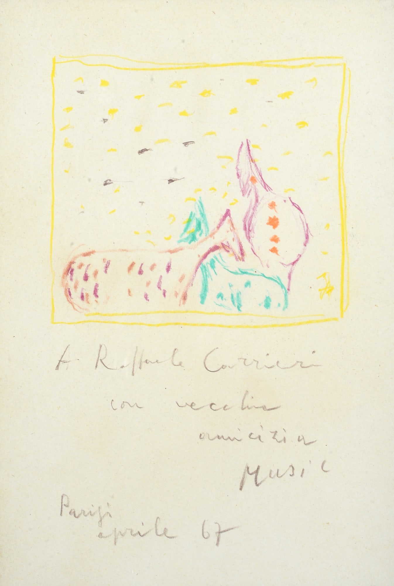 Zoran Music (Boccavizza, 1909 - Venezia, 2005) - Cavallini, 1966/1967: Pastelli su carta, cm. 23,7x16. Firma, data e dedica in basso al centro. Sul verso: firma. L'opera ? registrata presso l'Archivio Storico Artisti Veneti, con n. 16/2025/N. Certificato dell'archivio.