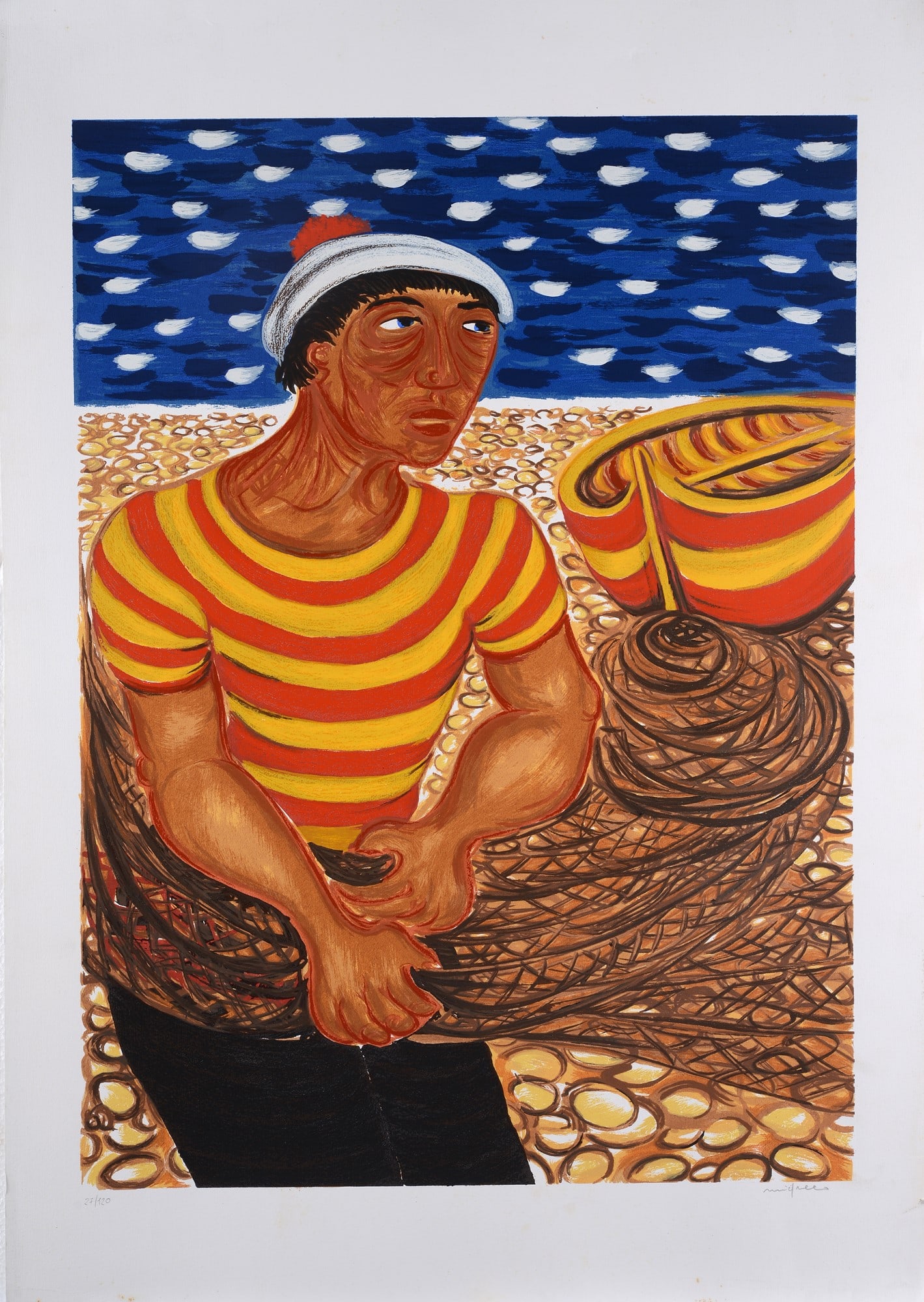 Giuseppe Migneco (Messina, 1908 - Milano, 1997) ? Pescatore: Litografia, mm. 810x590 (lastra);es. 27/120. Firma in basso a destra; tiratura in basso a sinistra.