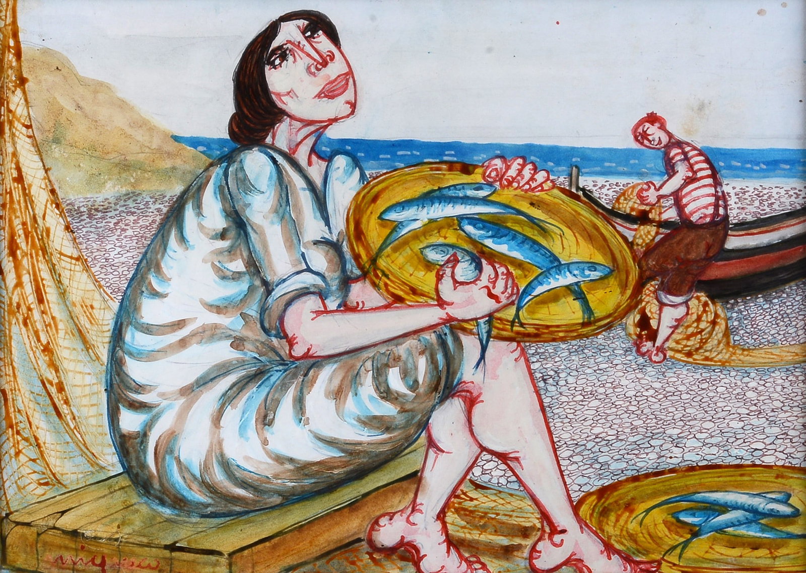 Giuseppe Migneco (Messina, 1908 - Milano, 1997) ? Pescatori: Tecnica mista su carta riportata su tela, cm. 30,5x42,5. Firma in basso a sinistra. Sul verso: timbro Bonaparte, Milano, Catalogo Generale Giuseppe Migneco con n. 6182.
