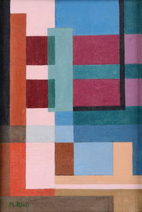 Manlio Rho (Como, 1901 - Como, 1957) ? Composizione: Olio su tela riportata su tavola, cm. 25x17. Firma in basso a sinistra. Sul verso: firma. Autentica del Prof. Luciano Caramel.