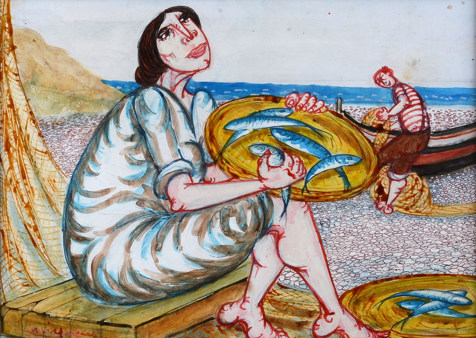 Giuseppe Migneco (Messina, 1908 - Milano, 1997) - Pescatori: Tecnica mista su carta riportata su tela, cm. 30,5x42,5. Firma in basso a sinistra. Sul verso: timbro Bonaparte, Milano, Catalogo Generale Giuseppe Migneco con n. 6182.