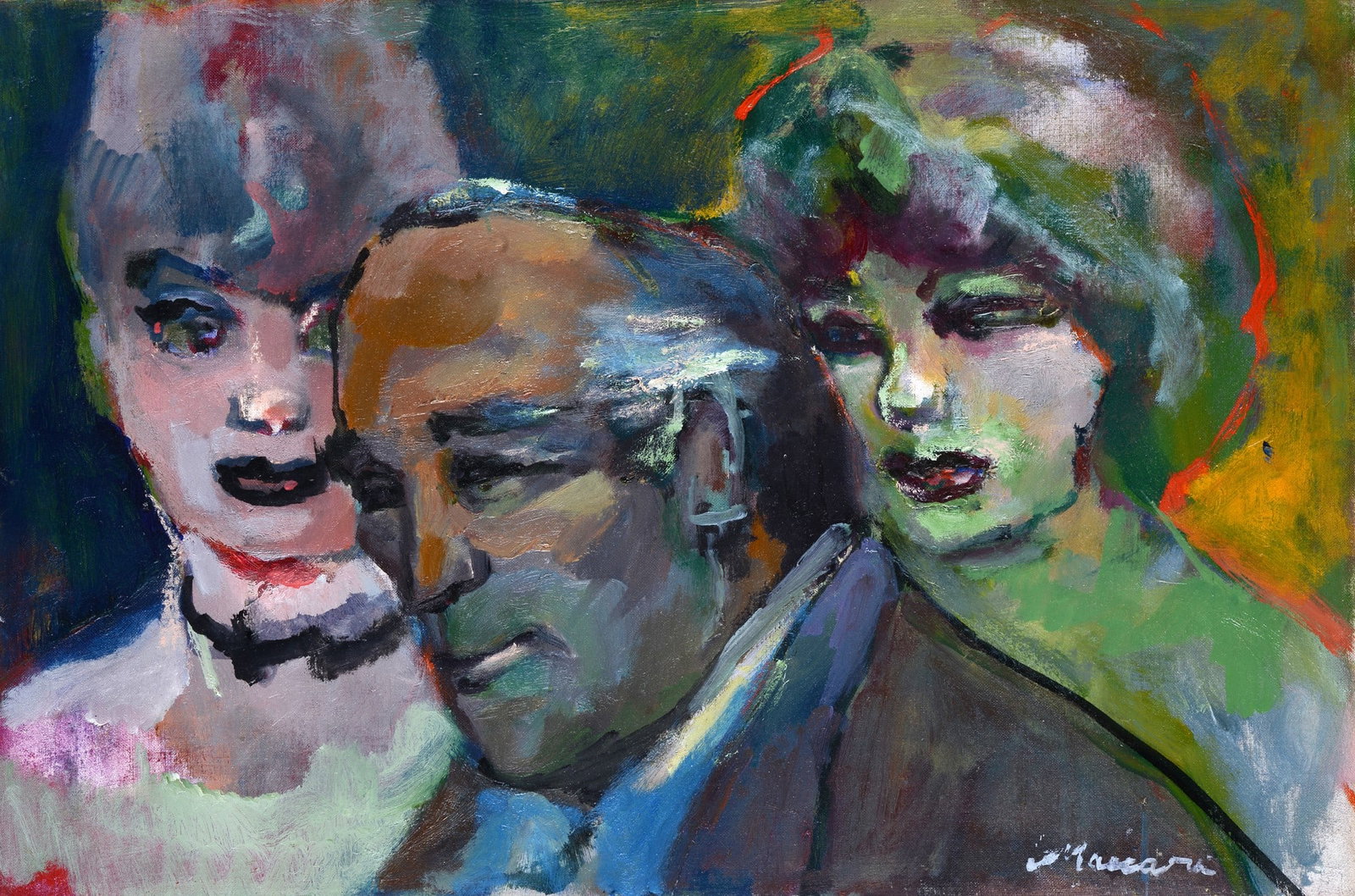 Mino Maccari (Siena, 1898 - Roma, 1989) - Tre personaggi: Olio su cartone telato, cm. 40x60. Firma in basso a destra. Sul verso: timbro ed etichetta Galleria del Golfo, La Spezia, con n. 64/068. L'opera ? registrata presso l'Archivio delle opere del Maestro,