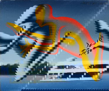 Mark Kostabi (Los Angeles, 1960) - Suspended Motion, 2004: Acrilici su tela, cm. 25x30. Sul verso: firma, data e titolo. Autentica dell'autore su foto.