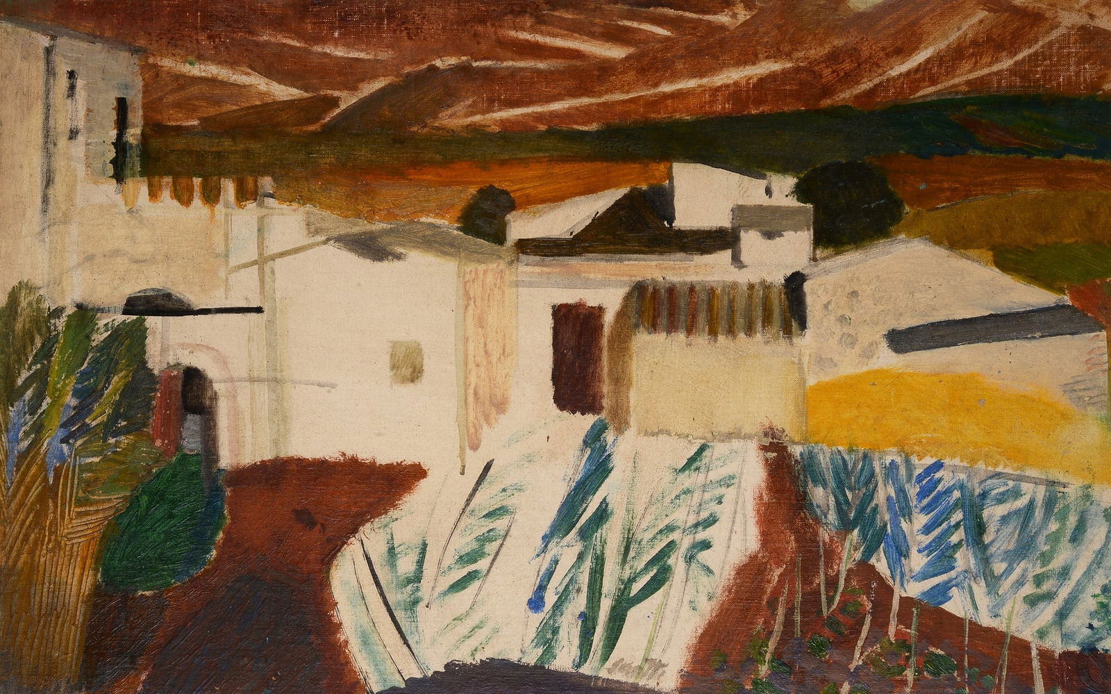 Bruno Saetti (Bologna, 1902 - 1984) - Comiso, 1954: Olio su tela riportata su cartone , cm. 36x58,5. Firma in basso al centro. Sul verso: firma, data, titolo e dedica.