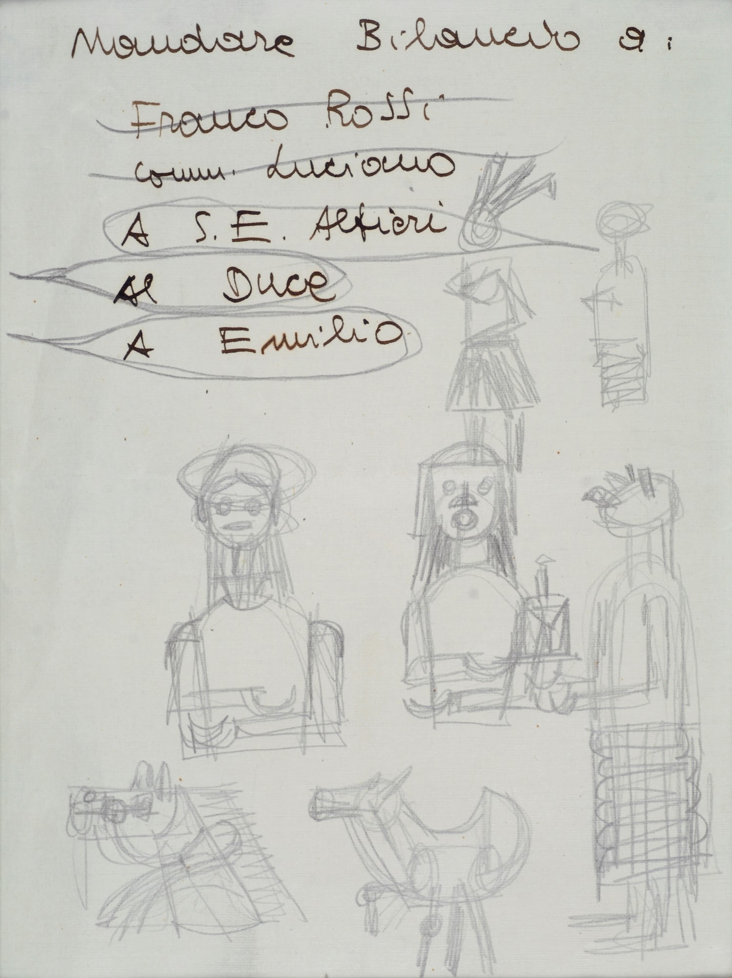 Fortunato Depero (Fondo, 1892 - Rovereto, 1960) - Giocattoli e soprammobili, (1932-33): Matita su carta, cm. 21,3x16,5. Certificato Archivio unico per il catalogo delle opere futuriste di Fortunato Depero, rep, num. FD-3804-DIS