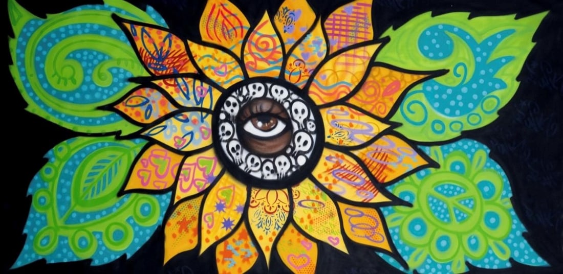 Lady Pink (Ambato, 1964) - Sunflower, 2016: Spray su tela, cm. 150x300.