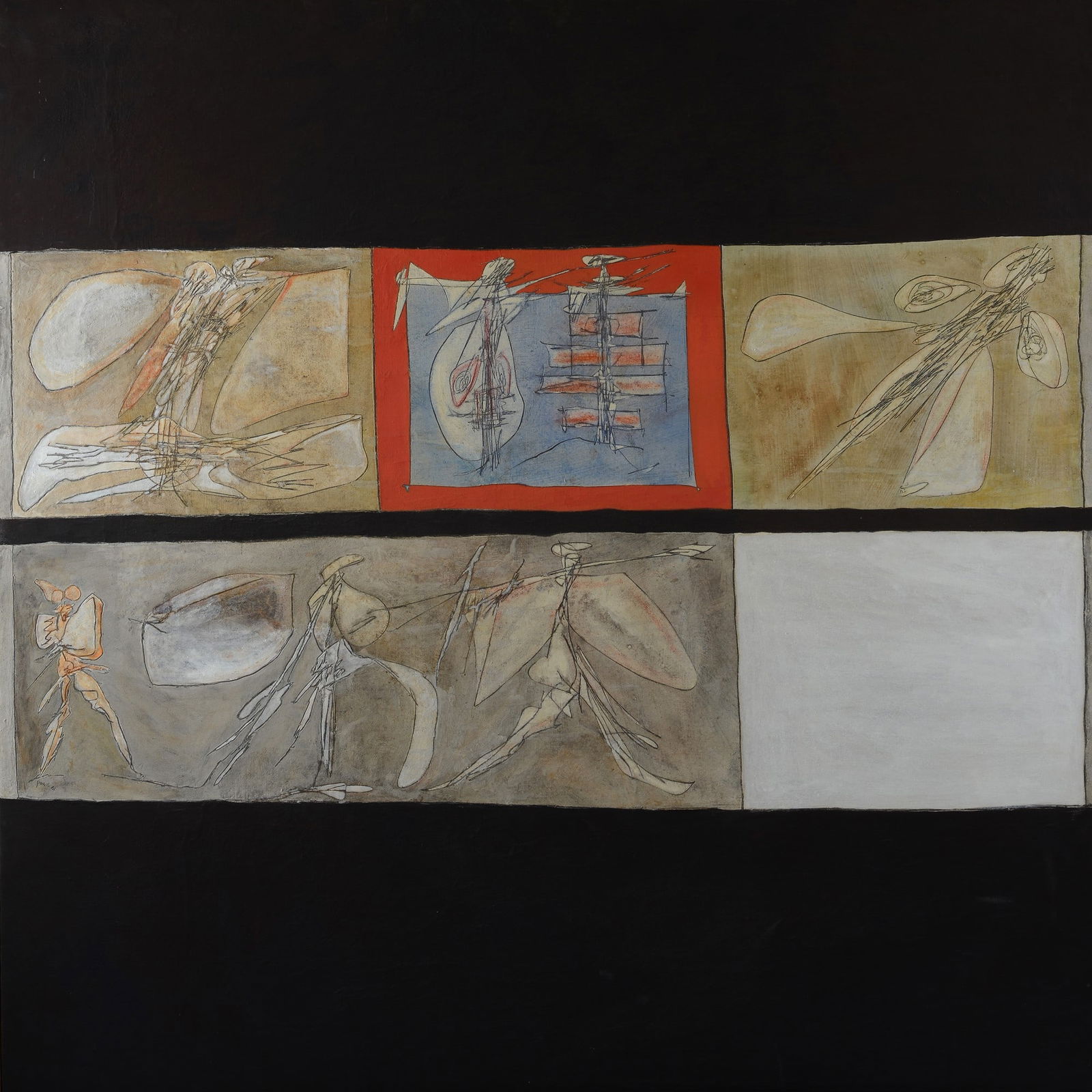 Achille Perilli (Roma, 1927 - 2021) - I dialoghi delle ombre, 1961: Tecnica mista su tela, cm. 180x180. Firma e data in basso a sinistra. Sul verso: firma, data e titolo. Nell'archivio dell'artista l'opera risulta schedata al n. 72 del 1961.Provenienza: collezione pri