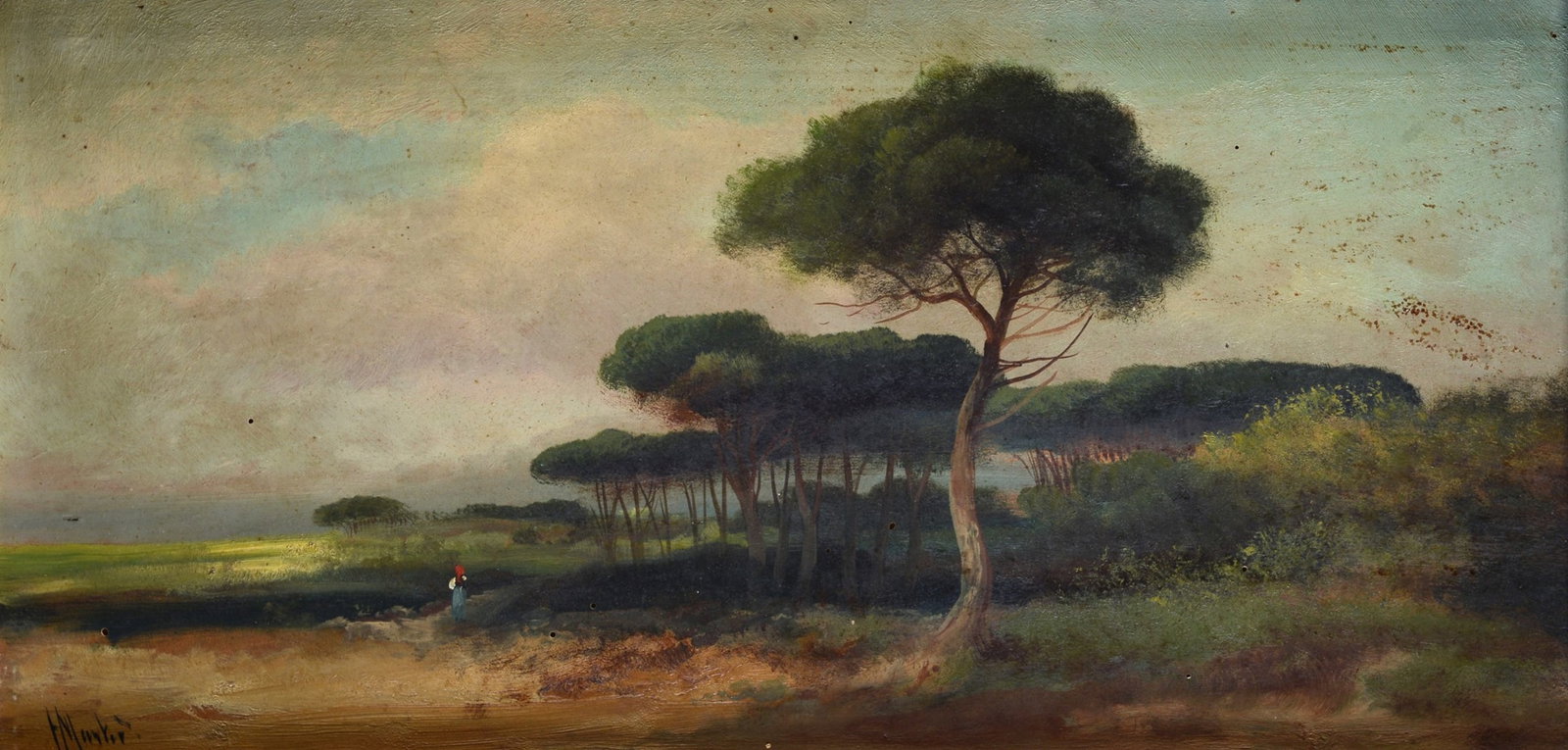 Henry Marko' (Firenze, 1855 - Lavagna, Genova, 1921) - Paesaggio con pineta: Olio su tavola, cm. 28,5x59. Firma in basso a sinistra.