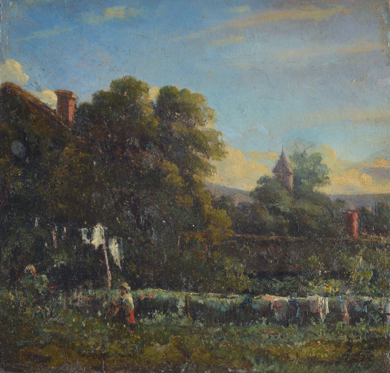 Attr. a Abbott Fuller Graves - Paesaggio con orto e figure: Olio su cartone, cm. 15x16. Firma in basso a destra.