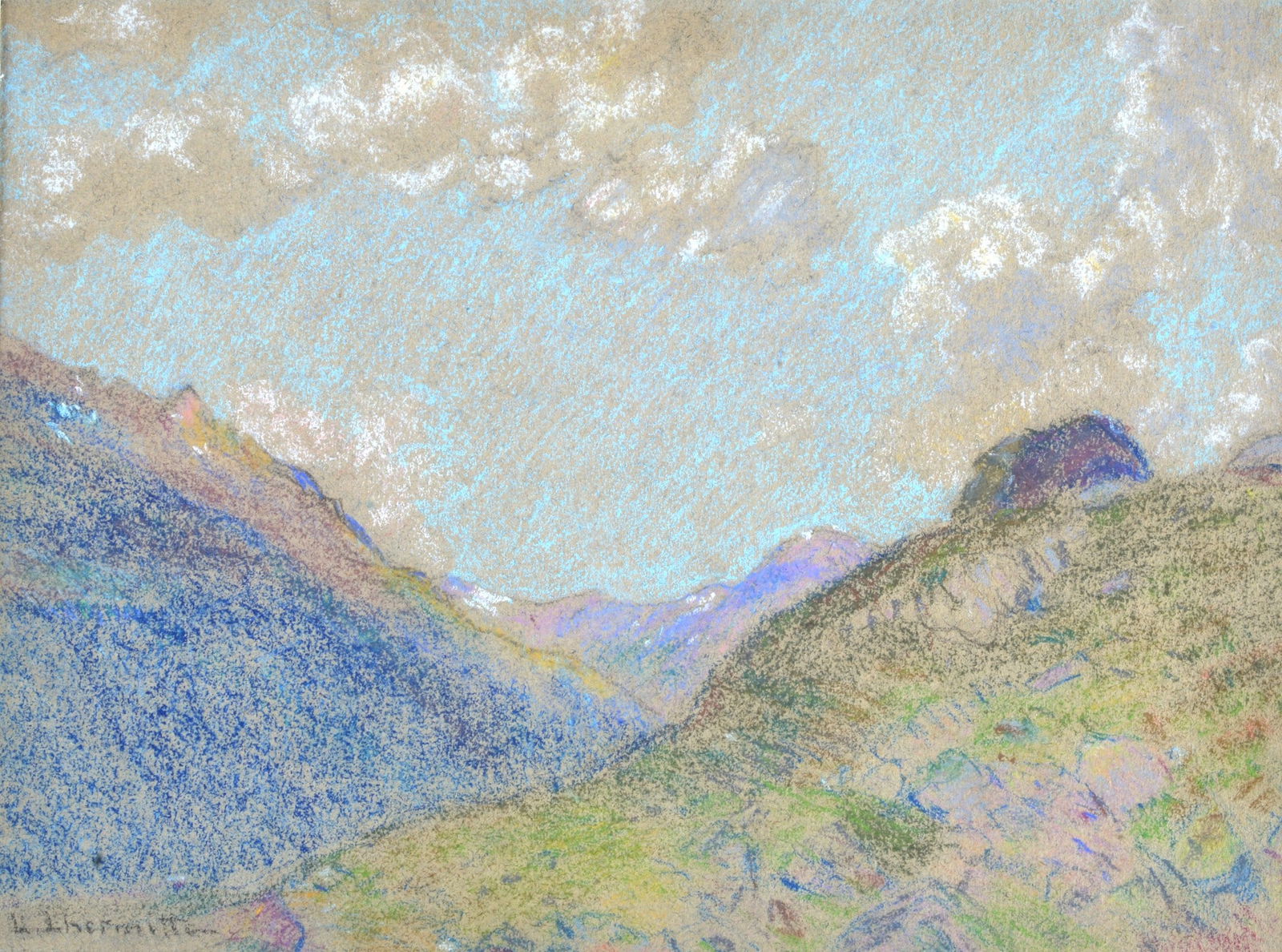Attr. a Leon Augustin Lhermitte - Paesaggio montano: Pastelli su carta, cm. 23x30,5. Firma in basso a sinistra. Sul verso: a matita "L?on Augustin Lhermitte".