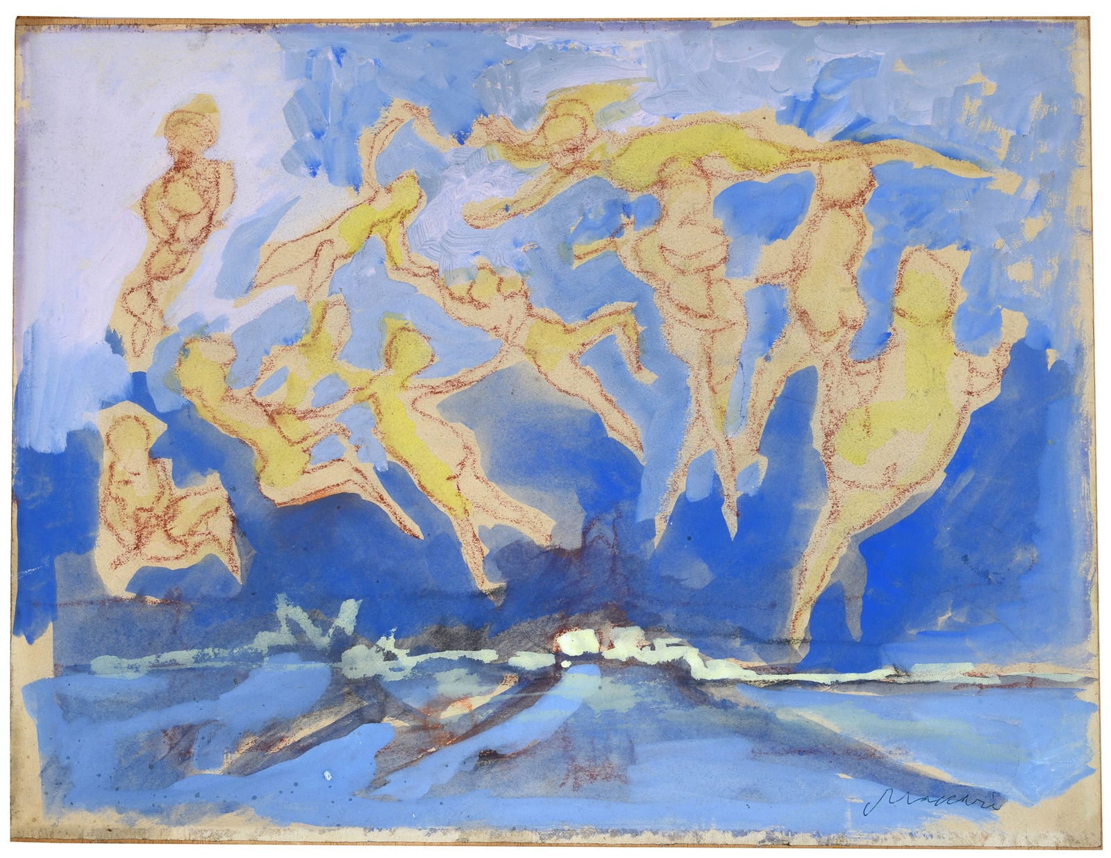 Mino Maccari (Siena, 1898 - Roma, 1989) - Figure: Tecnica mista su carta riportata su tavola, cm. 38,5x50,5. Firma in basso a destra.