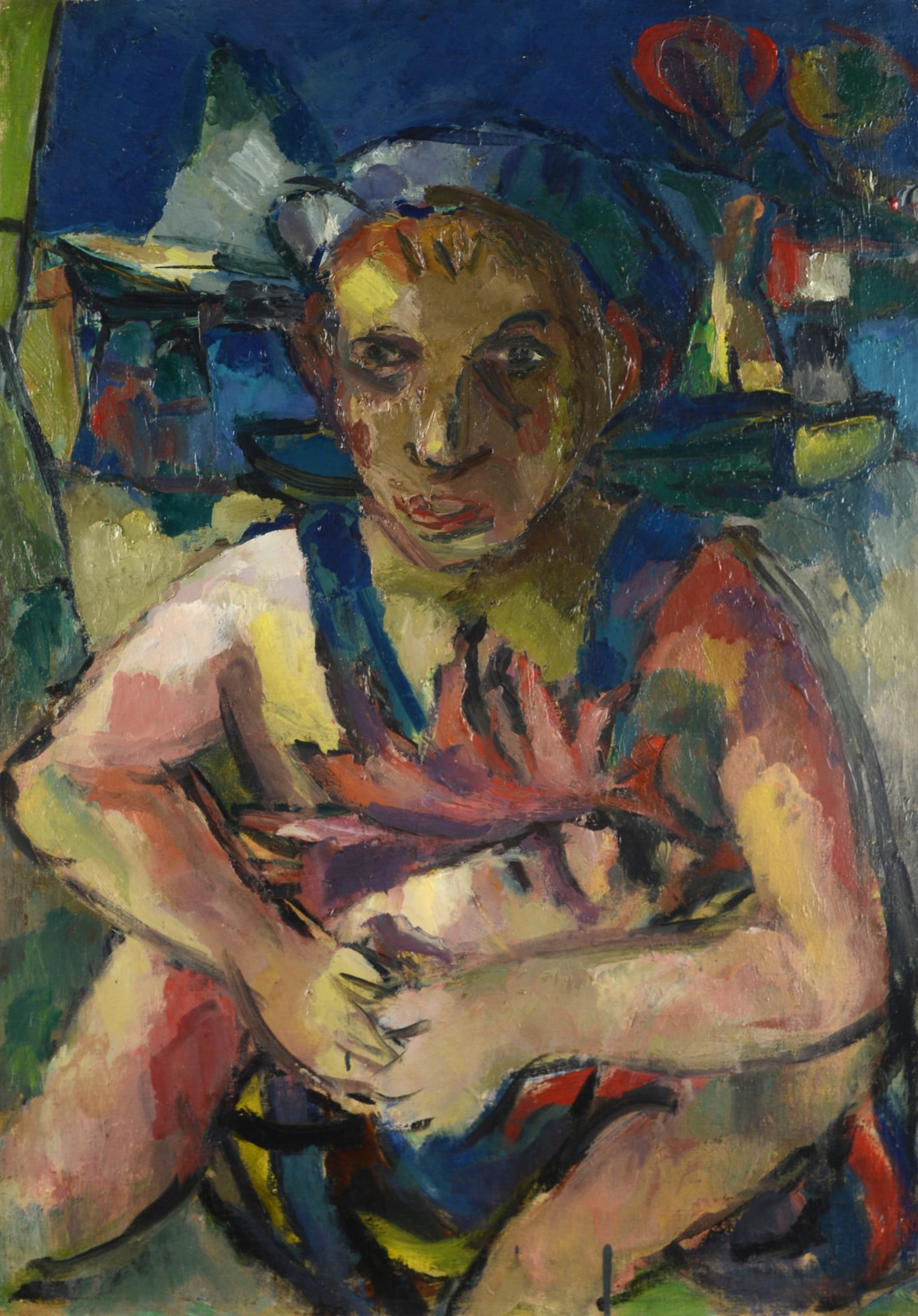 Renato Birolli (Verona, 1905 - Milano, 1959) - Giovane contadino, 1946: Olio su tela, cm. 71,8x50,5. Sul verso: firma, data, n. 125; timbro Dogana di Ponte Chiasso; etichetta e timbri Galleria Nord Sud 4, Palermo con dati dell'opera; etichetta e timbro Galleria dell'Annun