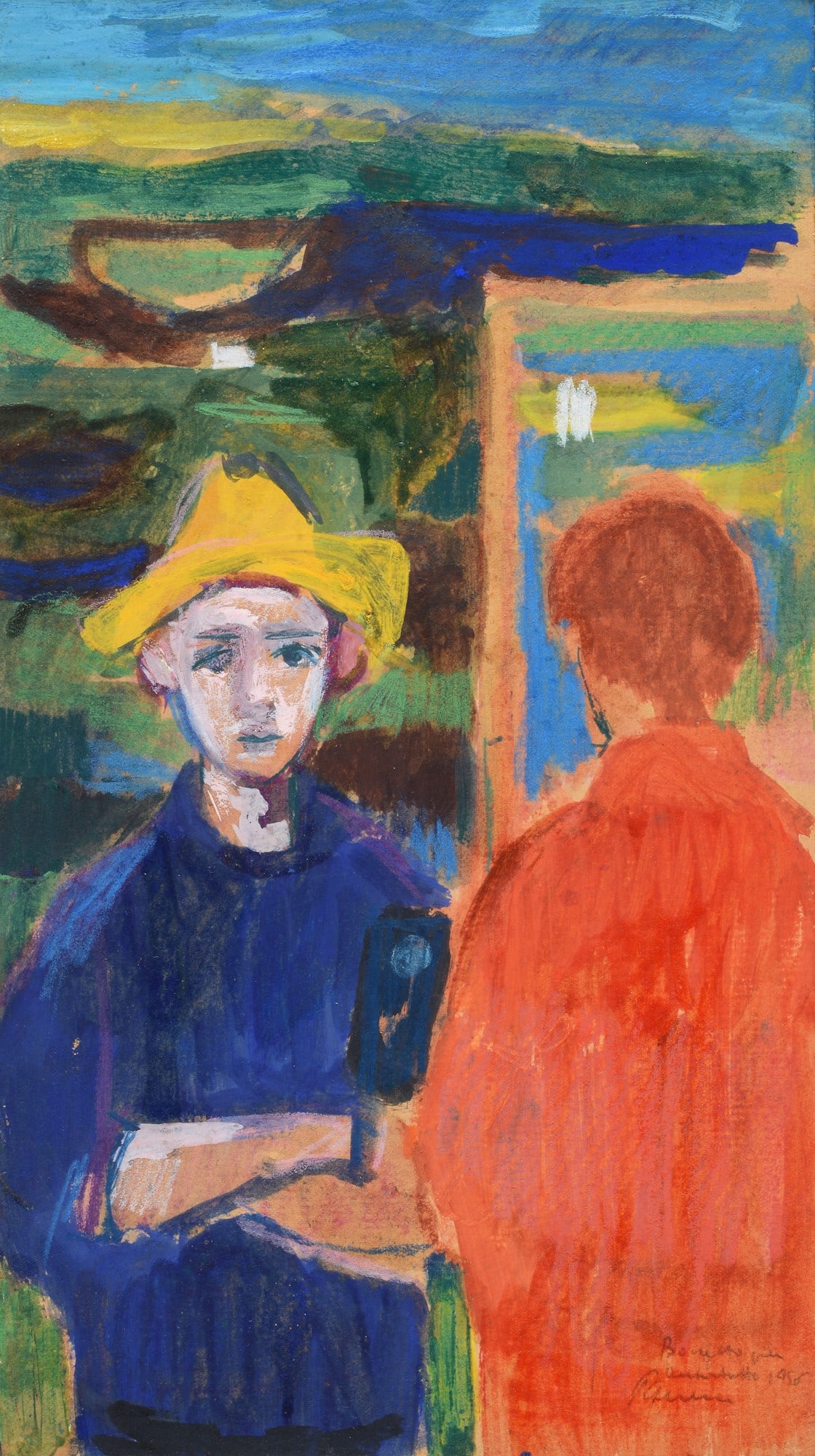 Enrico Paulucci (Genova, 1901 - Torino, 1999) - Bozzetto per autoritratto, 1956: Tempera su cartoncino, cm. 31x17,5. Firma, titolo e data in basso a destra.