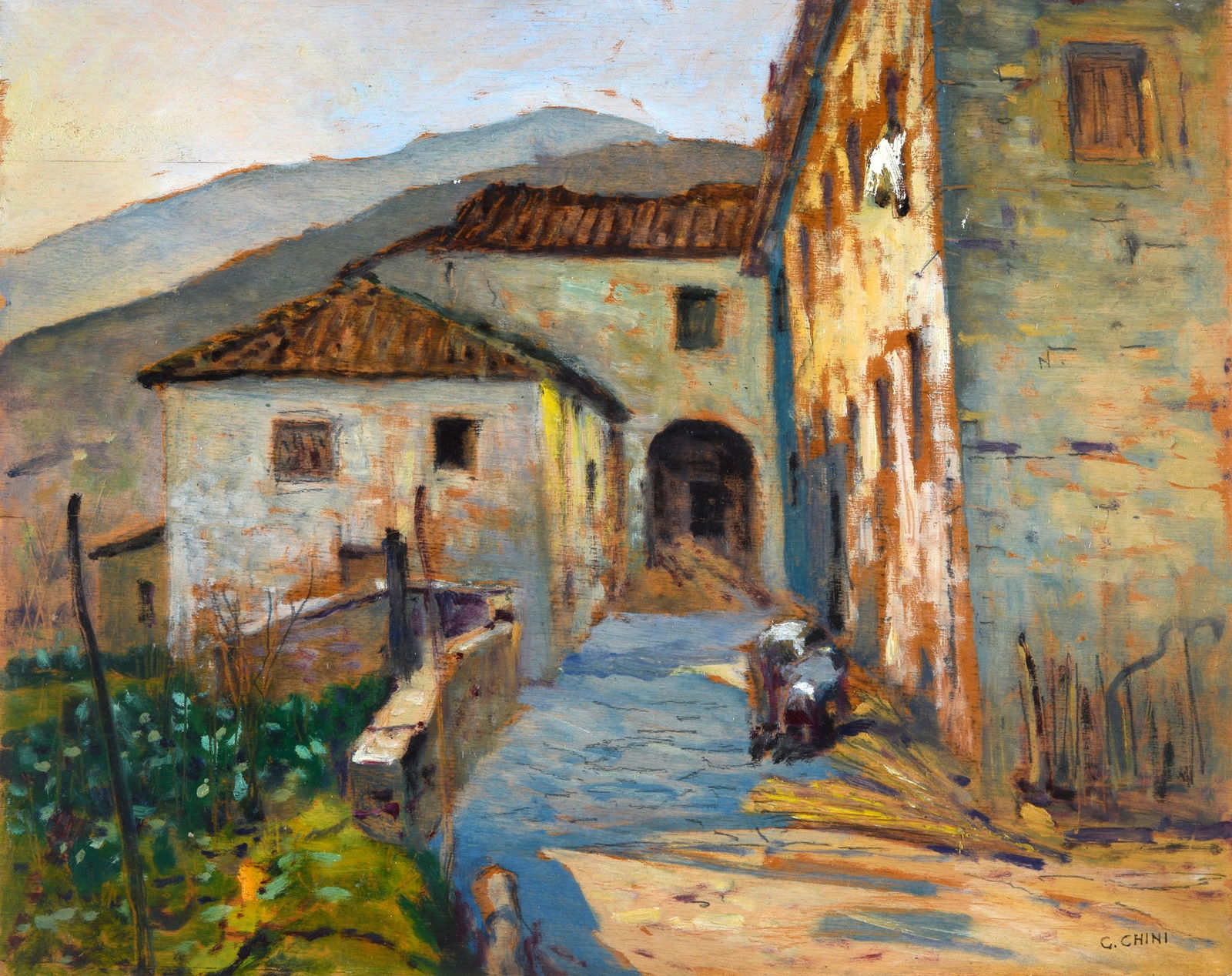 Galileo Chini (Firenze, 1873 - 1956) - Casa colonica (Striglianella): Olio su legno, cm. 35x44. Firma in basso a destra. Sul verso: titolo ed etichetta Galleria Cocchini, Livorno.?.