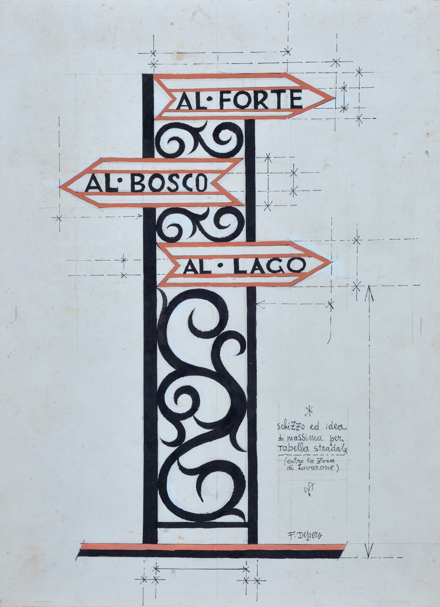 Fortunato Depero (Fondo, 1892 - Rovereto, 1960) - Schizzo ed idea di massima per tabella stradale: Tempera, inchiostro e matita su carta, cm. 39,5x28,5. Firma in basso a destra.?.