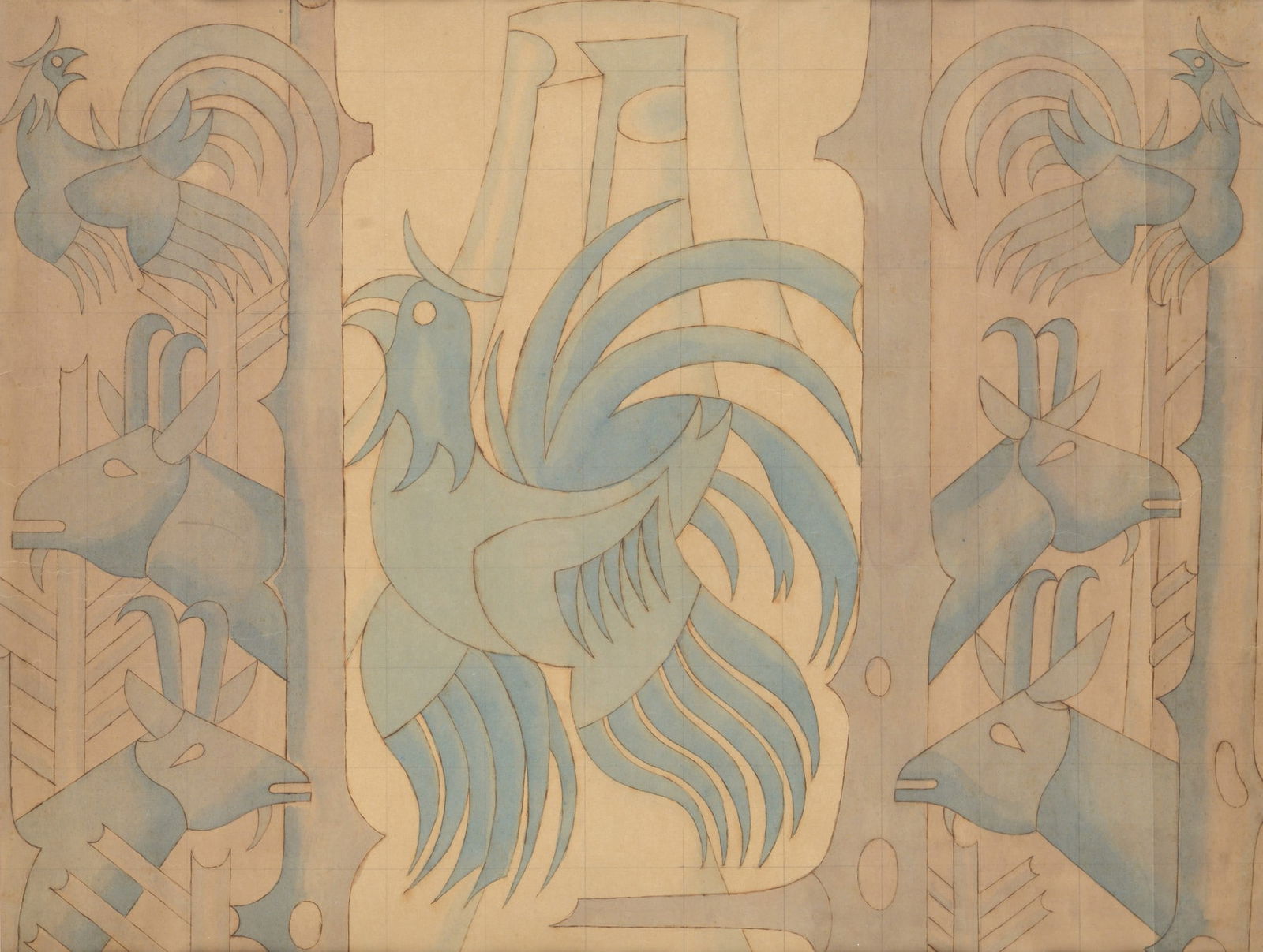 Fortunato Depero (Fondo, 1892 - Rovereto, 1960) - Studio per la caccia, 1954: China, china diluita e inchiostro blu diluito su carta, cm. 63,5x83,5. Opera registrata nella sezione Disegni del Catalogo Generale Ragionato delle Opere dell'artista con il numero FD-3416-DIS certifi