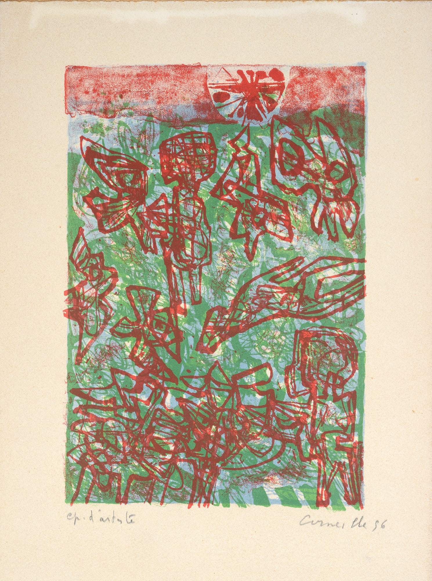 Guillaume Corneille (Liegi, 1922 - 2010) - Senza titolo, 1956: Litografia a colori, cm. 17x24,5; s.f.cm. 33x24,5; p.d.a. Firma e data in basso a destra.