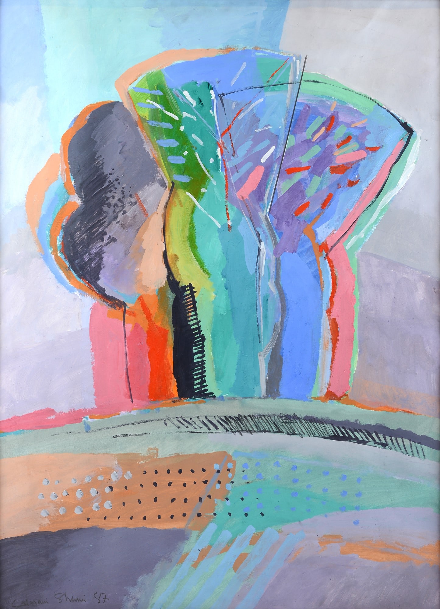 Calman Shemi (Mendoza, 1939) - Composizione, 1987: Olio su carta, cm. 136,5x101. Firma e data in basso a sinistra.