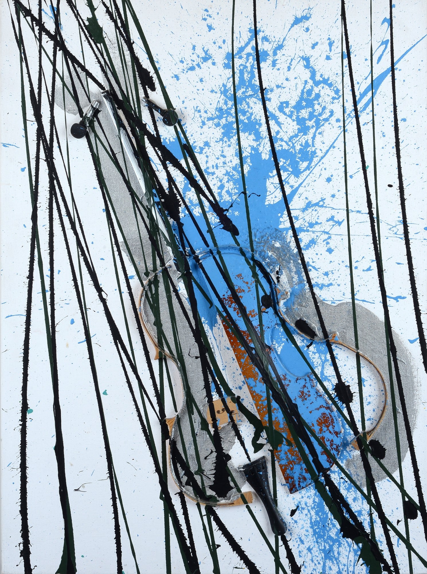 Fernandez Arman (Nizza, 1928 - New York, 2005) - Senza titolo (Strumento musicale), 2003: Acrilici e violino su tela, cm. 81x60. Firma sul bordo esterno inferiore. Certificato di autenticit? firmato dall'autore, con etichetta Rossovermiglio, Arte Moderna e Contemporanea, Padova.?.