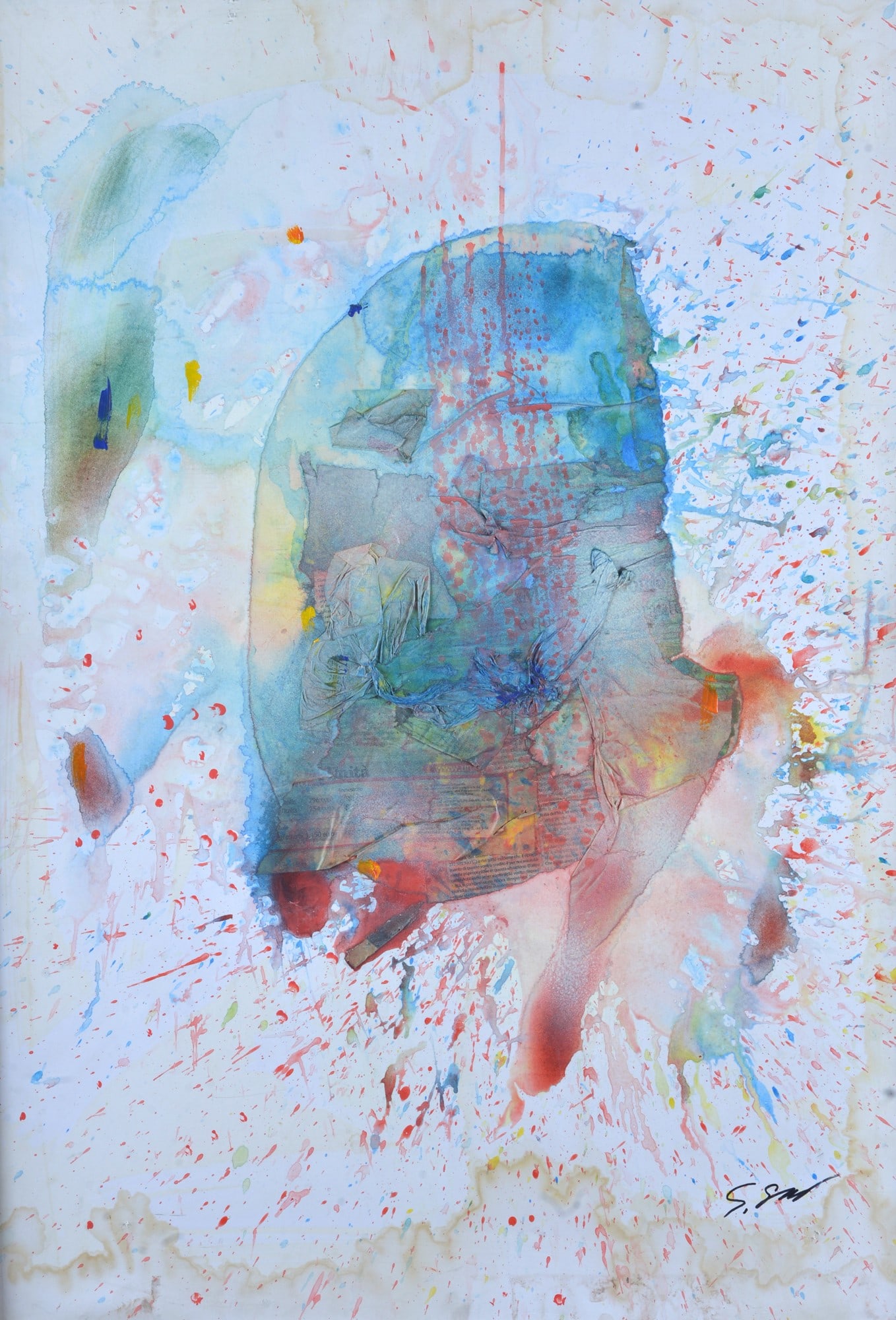 Shozo Shimamoto (Osaka, 1928 - 2013) - Senza titolo, 2003: Acrilico e collage su carta riportata su tavola, cm. 100x70 . Firma in basso a sinistra. Sul verso: etichette e timbri Galleria d'Arte Cafiso, Milano; etichette dattiloscritte con dati dell'opera. Cer