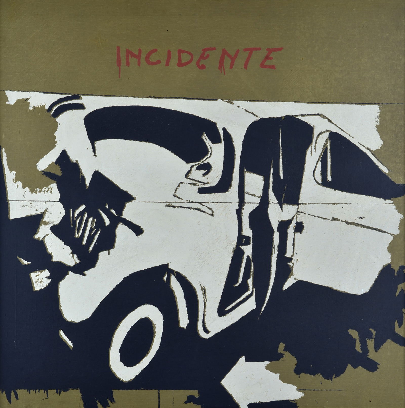 Mario Schifano (Homs, 1934 - Roma, 1998) - Incidente: Serigrafia su tela , cm. 95x95. Titolo in alto al centro. Sul verso: firma.