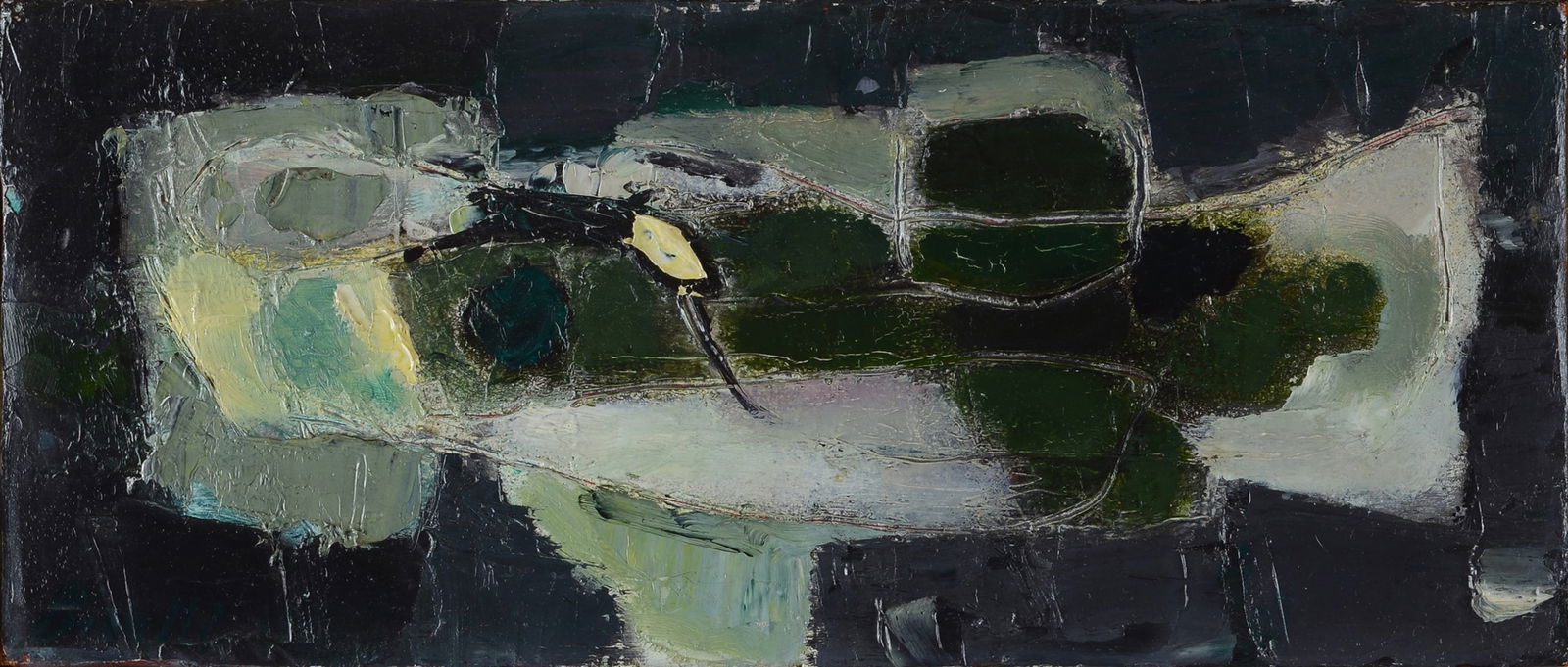 Renato Birolli (Verona, 1905 - Milano, 1959) - Composizione, 1957: Olio su tela, cm. 15x35. Sul verso: firma e data; sul telaio, a matita "a Catherine (Viviano) con ammirazione e stima - Renato". Autentica su foto Catalogo Renato Birolli, con n. 1957681.