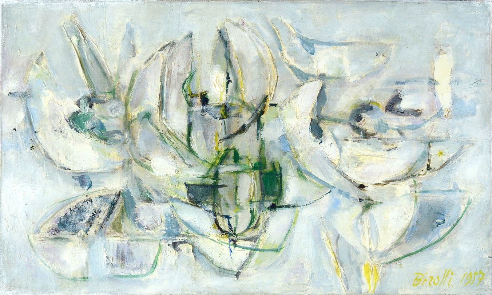 Renato Birolli (Verona, 1905 - Milano, 1959) - Canto popolare d'inverno, 1957: Olio su tela, cm. 27,5x45,5. Firma e data in basso a destra. Sul verso: firma, data e titolo; etichetta Katherine Viviano Gallery, New York. Autentica su foto Catalogo Renato Birolli con n. 1957.68.4.