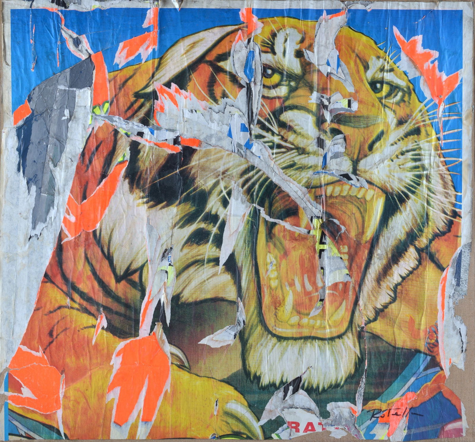 Mimmo Rotella (Catanzaro, 1918 - Milano, 2006) - Graffia, 1994: Collage su carta riportata su tela, cm. 93x100. Firma in basso a destra. Sul verso: data e il titolo. Opera archiviata presso l'Archivio Mimmo Rotella presieduto da Piero Mascetti.? Autentica dell'aut