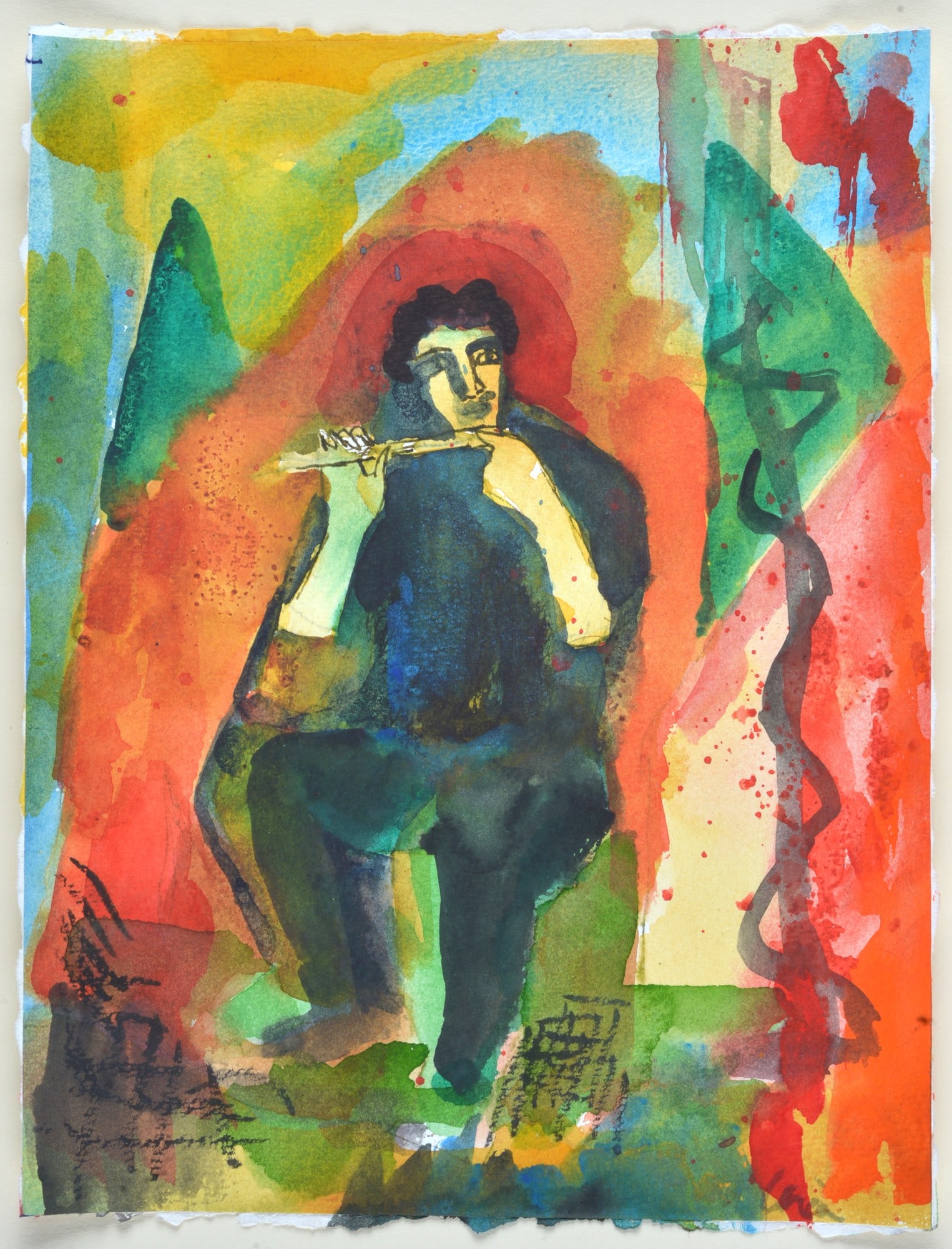 Sandro Chia (Firenze, 1946) - Figura flautista: Tecnica mista su carta, cm. 27x20,5. Firma in basso a destra. Sul verso: etichetta Museum of Art, Deland, Florida. Esposizioni: 2013, Museum of Art, DeLand, 21 Marzo - 18 agosto, Florida. Autentica de