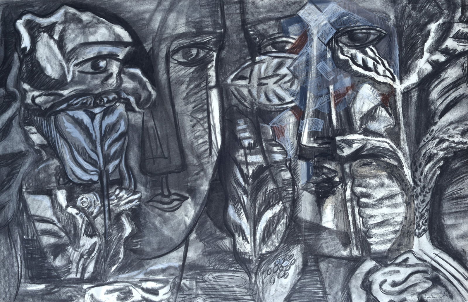 Sandro Chia (Firenze, 1946) - Volti di Toscana: Tecnica mista, pastelli e carboncino cartoncino, cm. 100x155. Firma in basso a destra. Disegno preparatorio per l'omonima litografia stampata per Piramide Arte Contemporanea, Firenze. L'opera ? regist