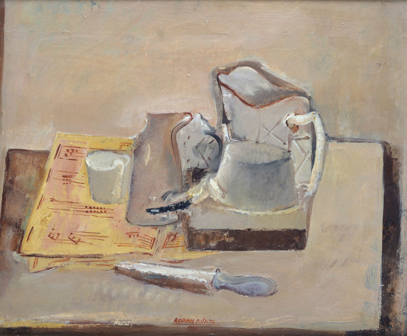 Valerio Adami (Bologna, 1935) - Oggetti scompagni, natura morta, 1956: Olio su tela, cm. 50x60. Firmato e datato in basso al centro: "Romani Adami/ 1956". Sul verso: etichetta con dati dell'opera. Autentica dell'autore su foto con lettera dell'autore a conferma dell'aute