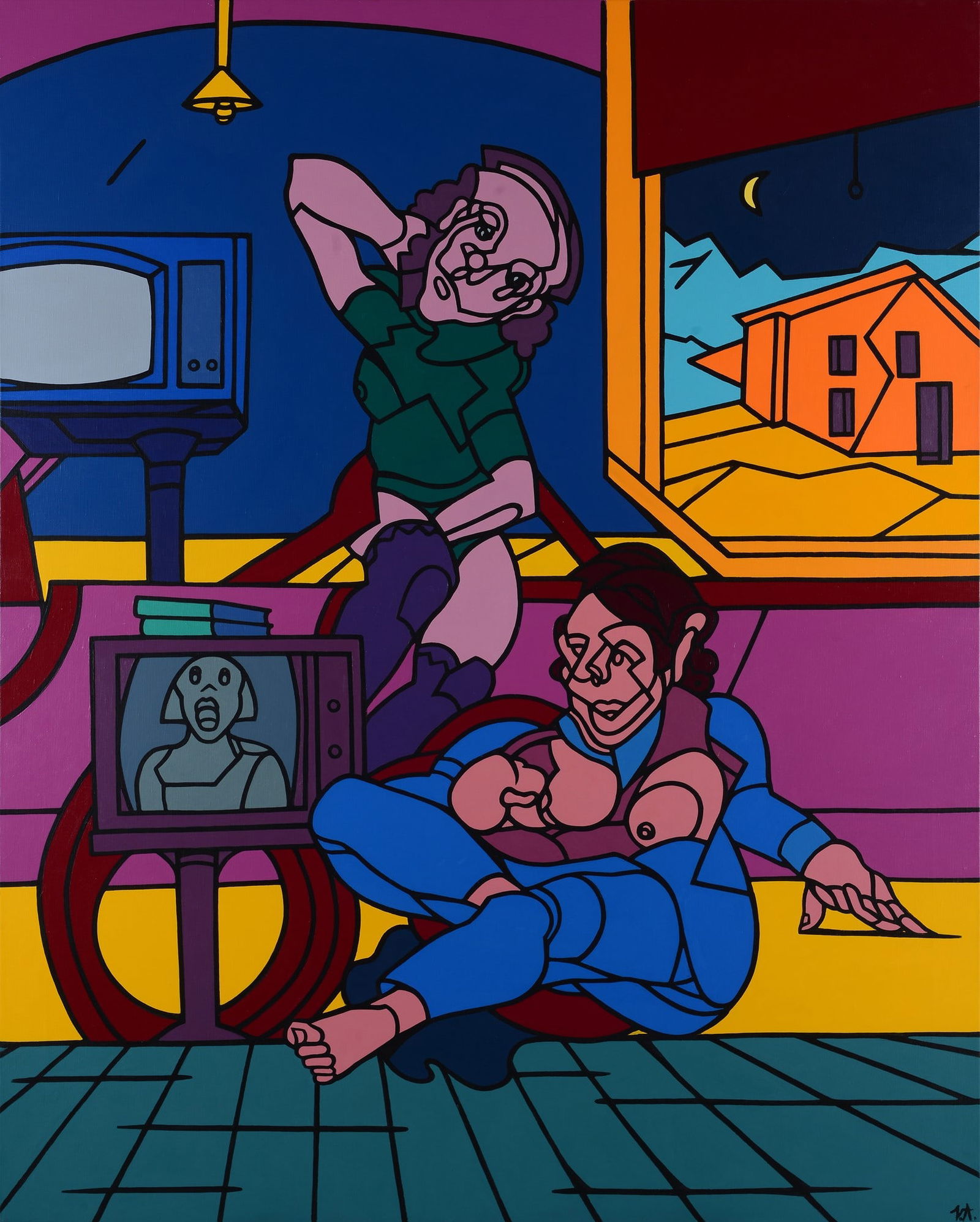 Valerio Adami (Bologna, 1935) - Tv in casa (la sera), 2022: Acrilico su tela, cm. 162x130. Sul verso: firma, data e titolo. Provenienza: Templon Gallery Parigi. Certificato di autenticit? e provenienza Templon Gallery, Parigi.