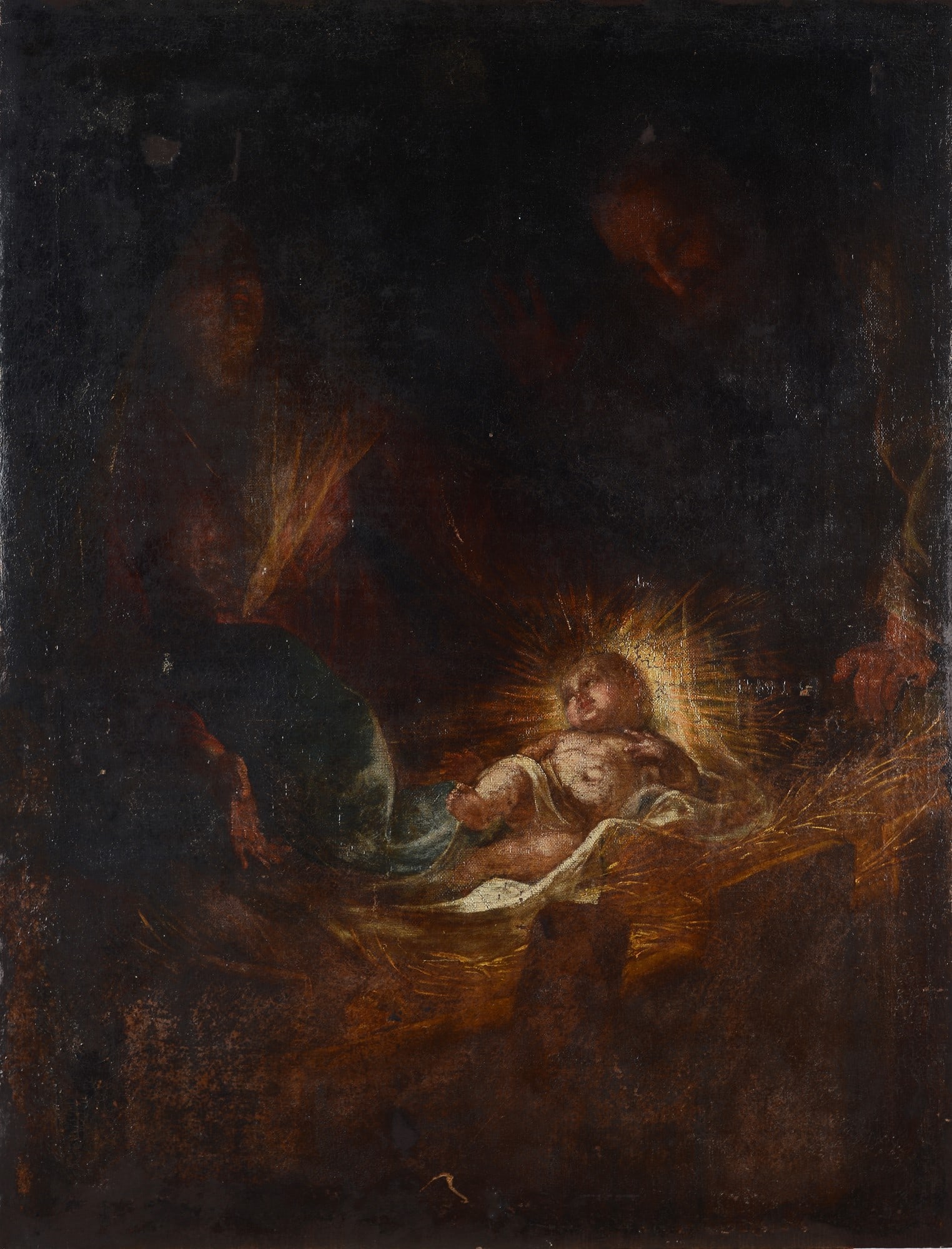 Anonimo, XVIII sec. - Adorazione di Ges? Bambino: Olio su tela, cm. 177X90.