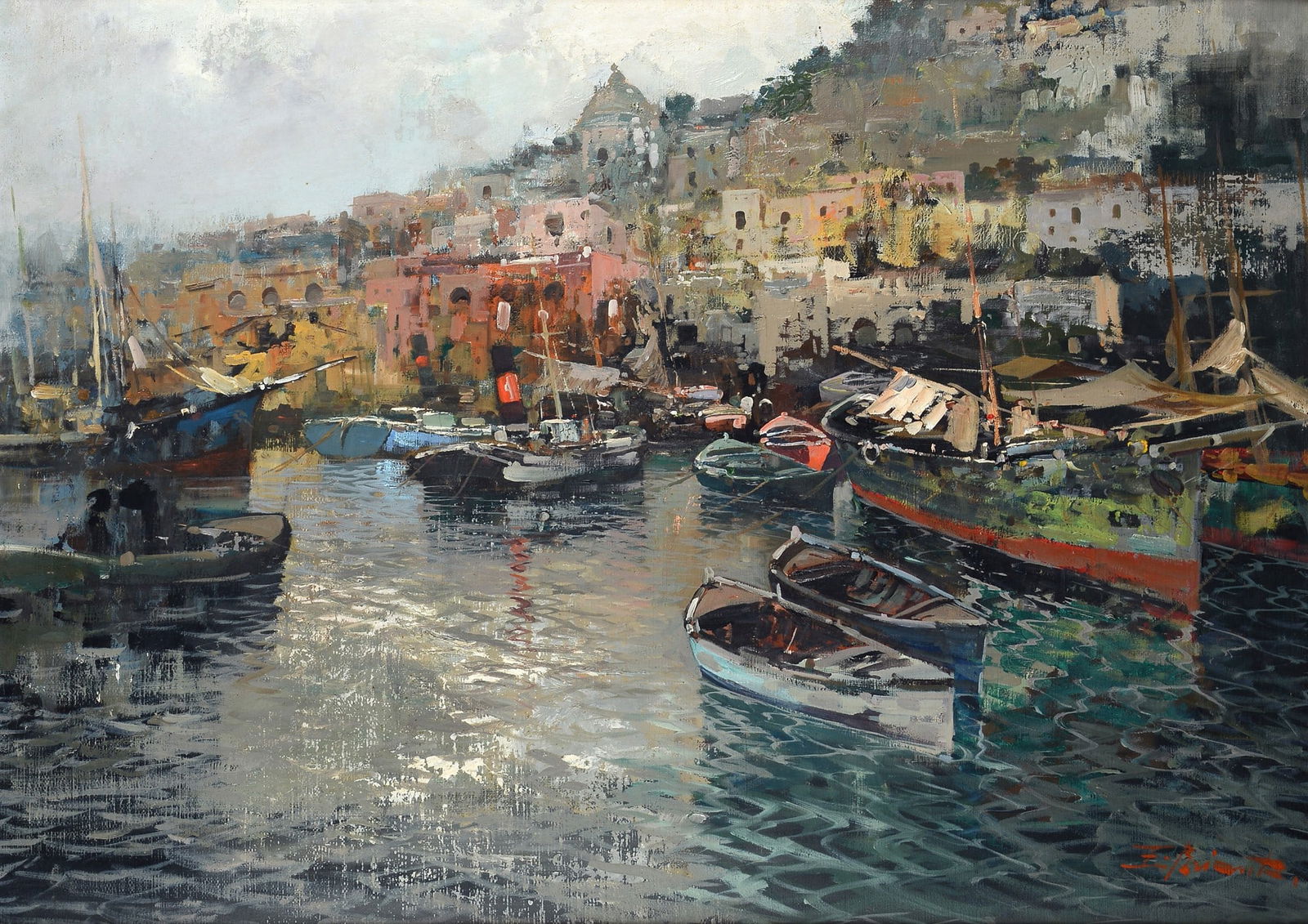 Ezelino Briante (Napoli, 1901 - 1971) - Barche in costiera: Olio su tela, cm. 50x70. Firma in basso a destra.