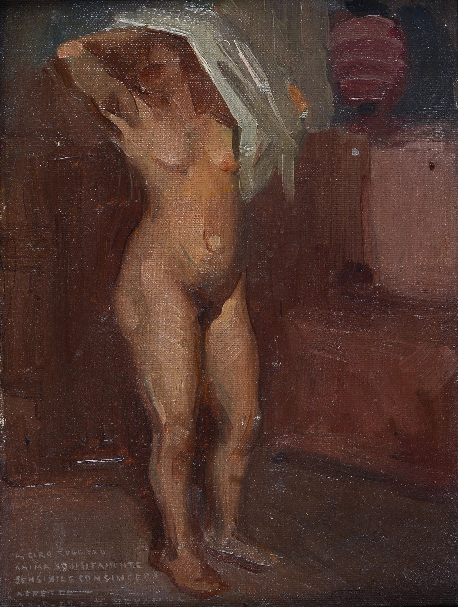 Domenico Devanna (Terlizzi, 1896 - Napoli, 1980) - Nudo di donna, 1942: Olio su tela riportata su tavola, cm. 20x15. Firma, dedica e data in basso a sinistra. Sul verso: timbro Collezione Privata Rosario Macchiarulo, Salerno.