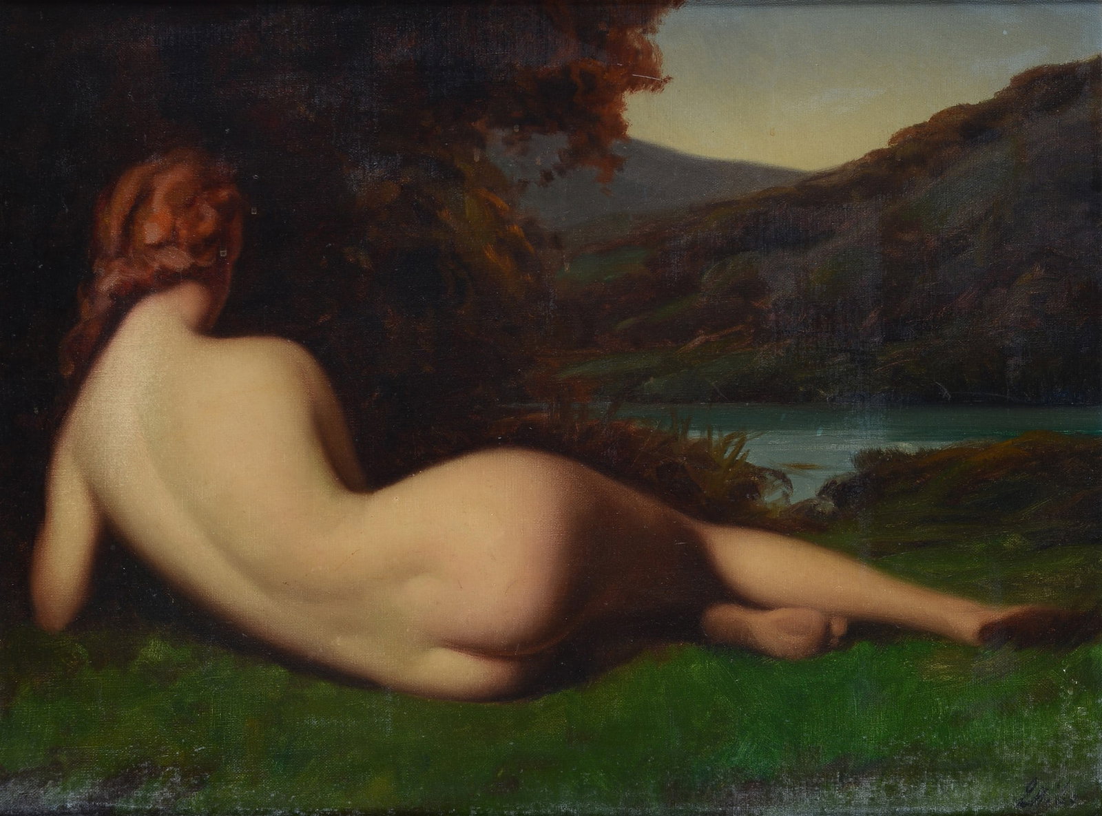 Anonimo, XX sec. - Nudo sdraiato nel paesaggio: Olio su tela, cm. 47,5x62. Firma indistinta in basso a destra.