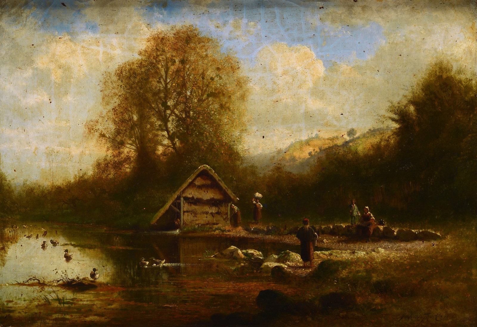 Adolphe Jean Louis Thomas (1880 - 1948) - Paesaggio con figure al fiume: Olio su tela, cm. 38x55. Firma in basso a destra.