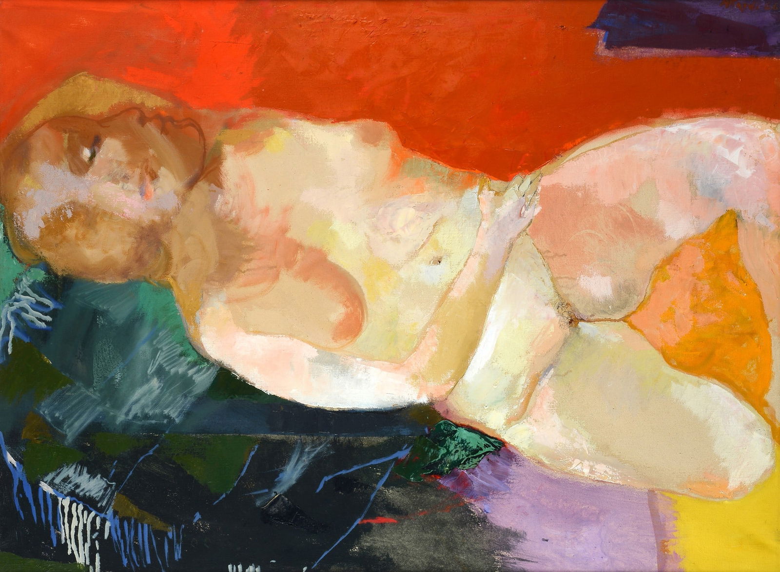 Ugo Attardi (Sori, 1923 - Roma, 2006) - Nudo di donna distesa, 1966: Olio su tela, cm. 75x100. Firma e data in alto a destra. Sul verso: etichetta Galleria La Nuova Pesa, Roma.