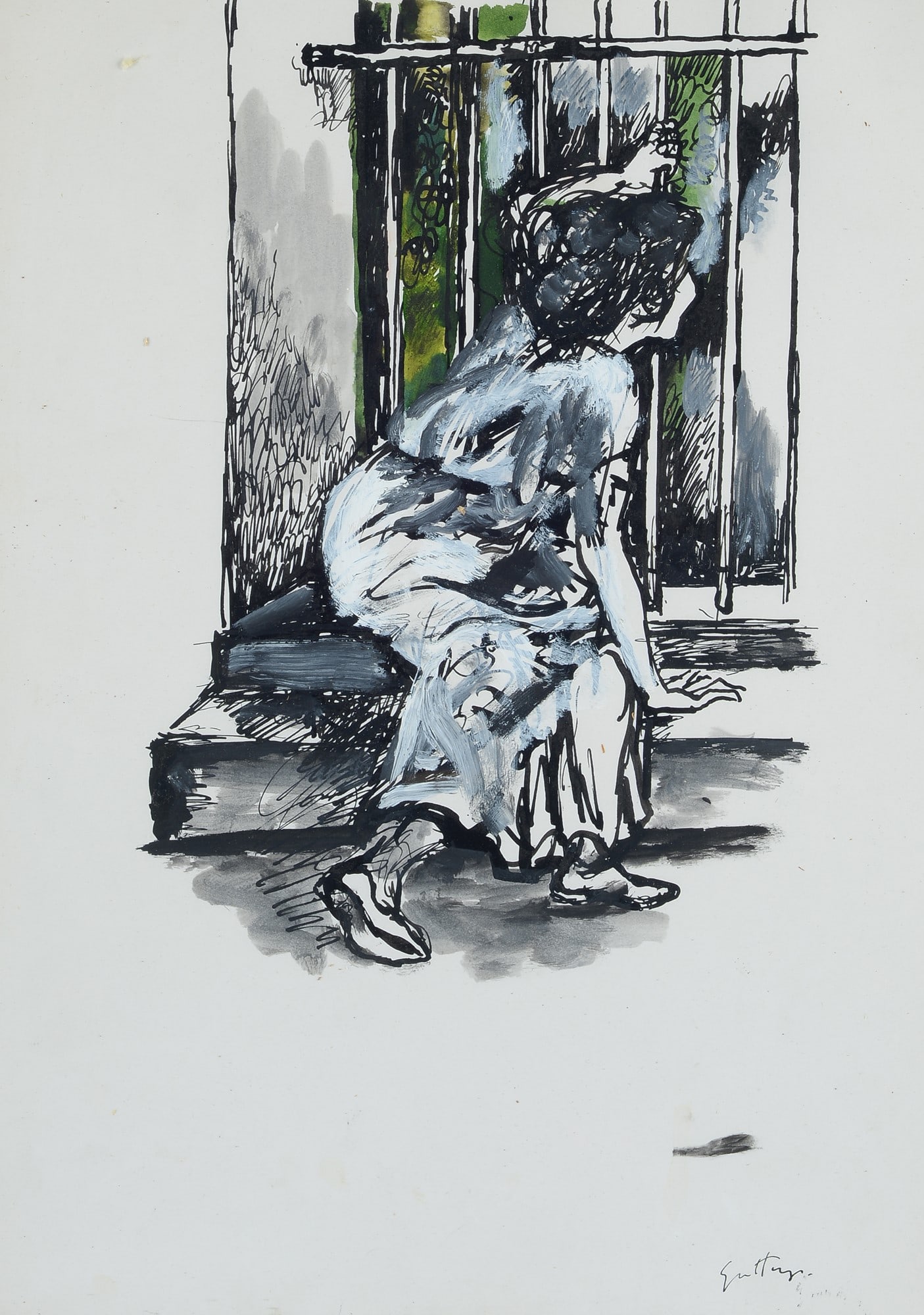 Renato Guttuso (Bagheria, 1912 - Roma, 1987) - Donna al cancello: Tecnica mista su carta, cm. 35x25. Firma in basso a destra.